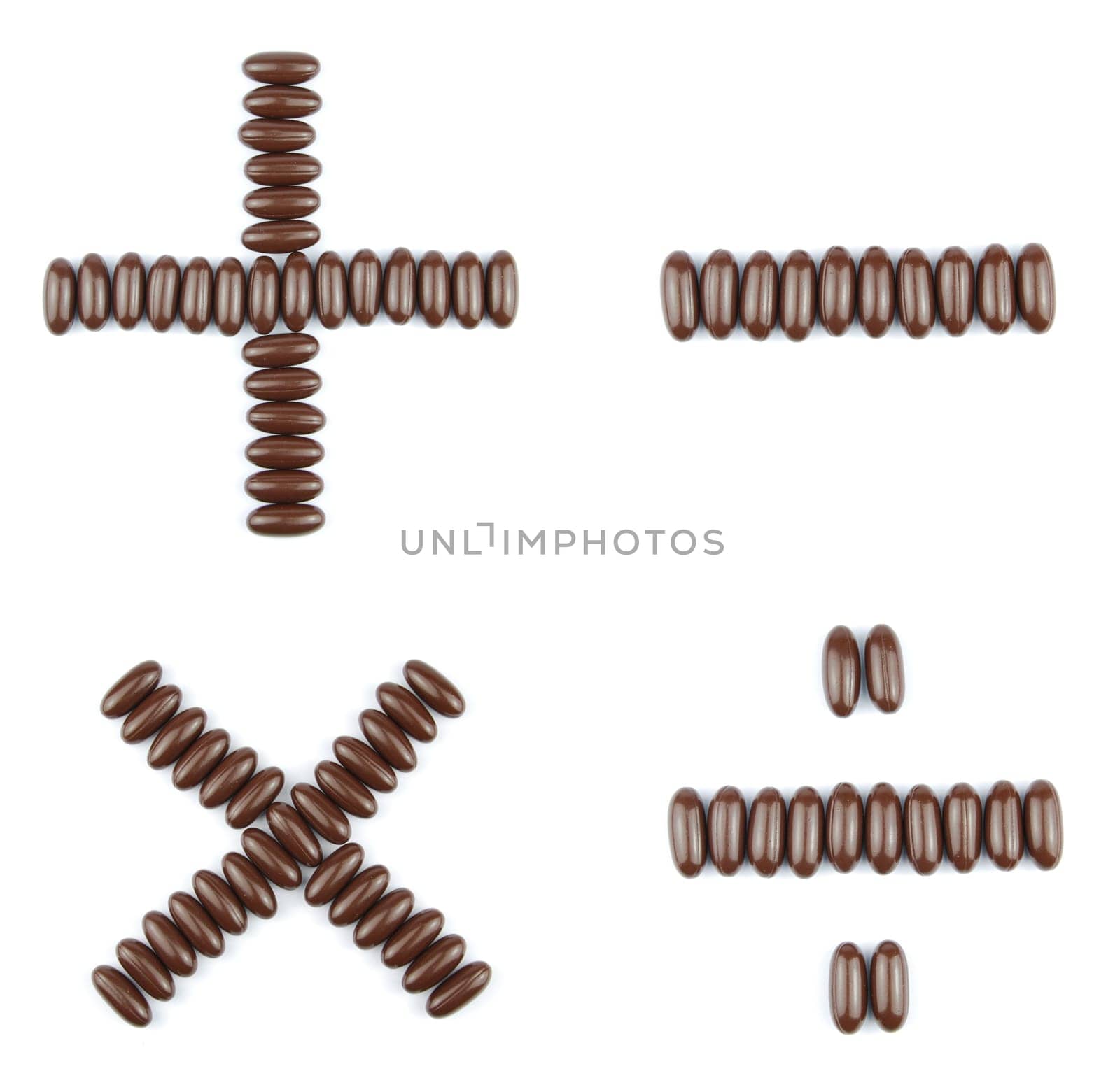beautiful collection of arithmetic operations (multiplication, division, addition, subtraction) with chocolate candies (isolated on white background)