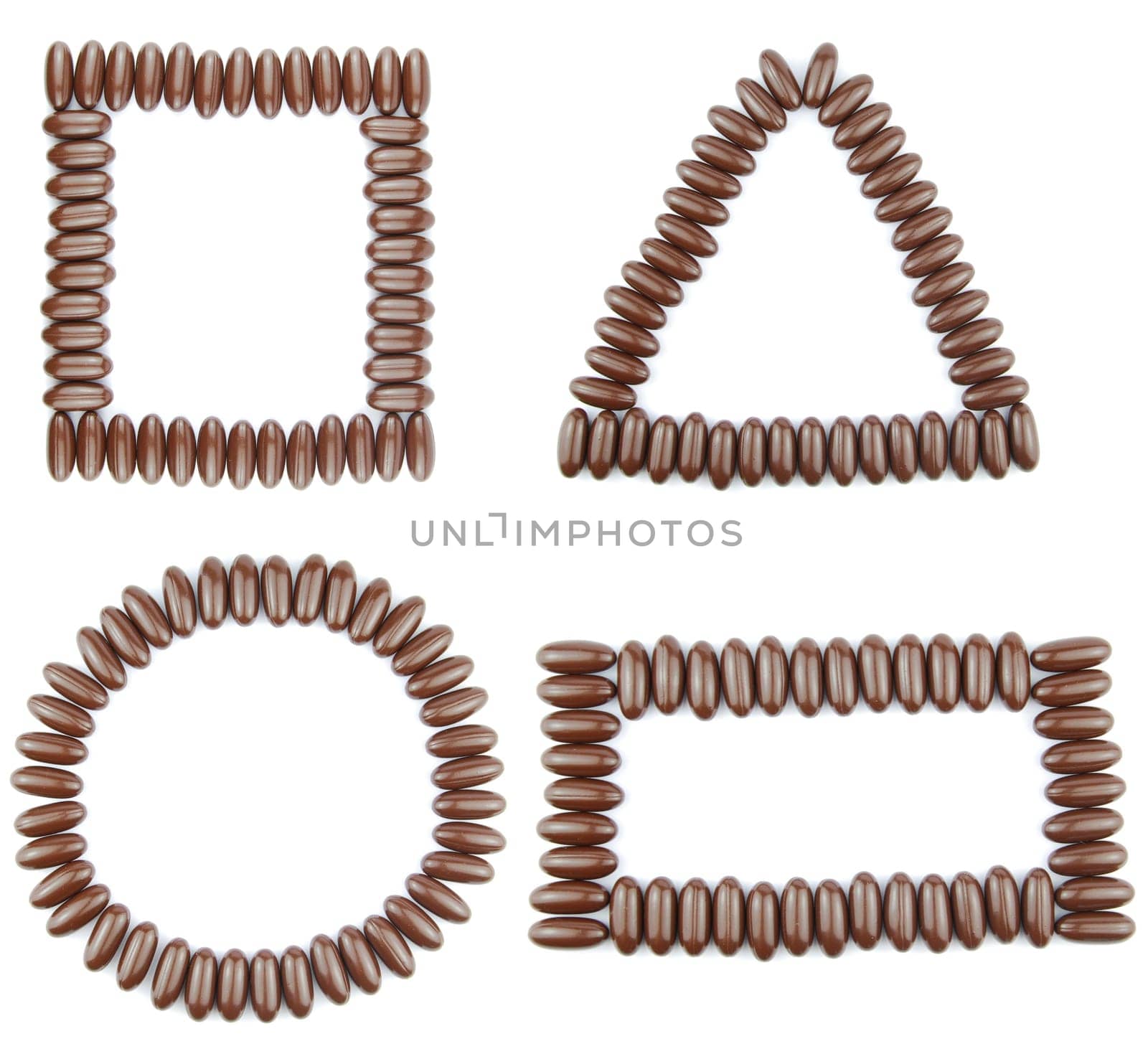 beautiful collection of 4 geometric shapes (square, triangle, circle, rectangle) with chocolate candies (isolated on white background)