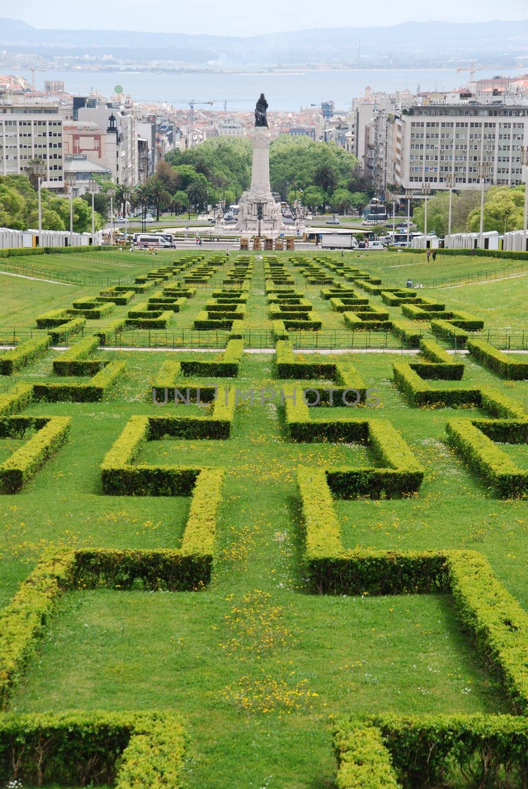 beautiful view of Eduardo VII park, Marques do Pombal square and Tagus river on the background, Lisbon (Portugal)