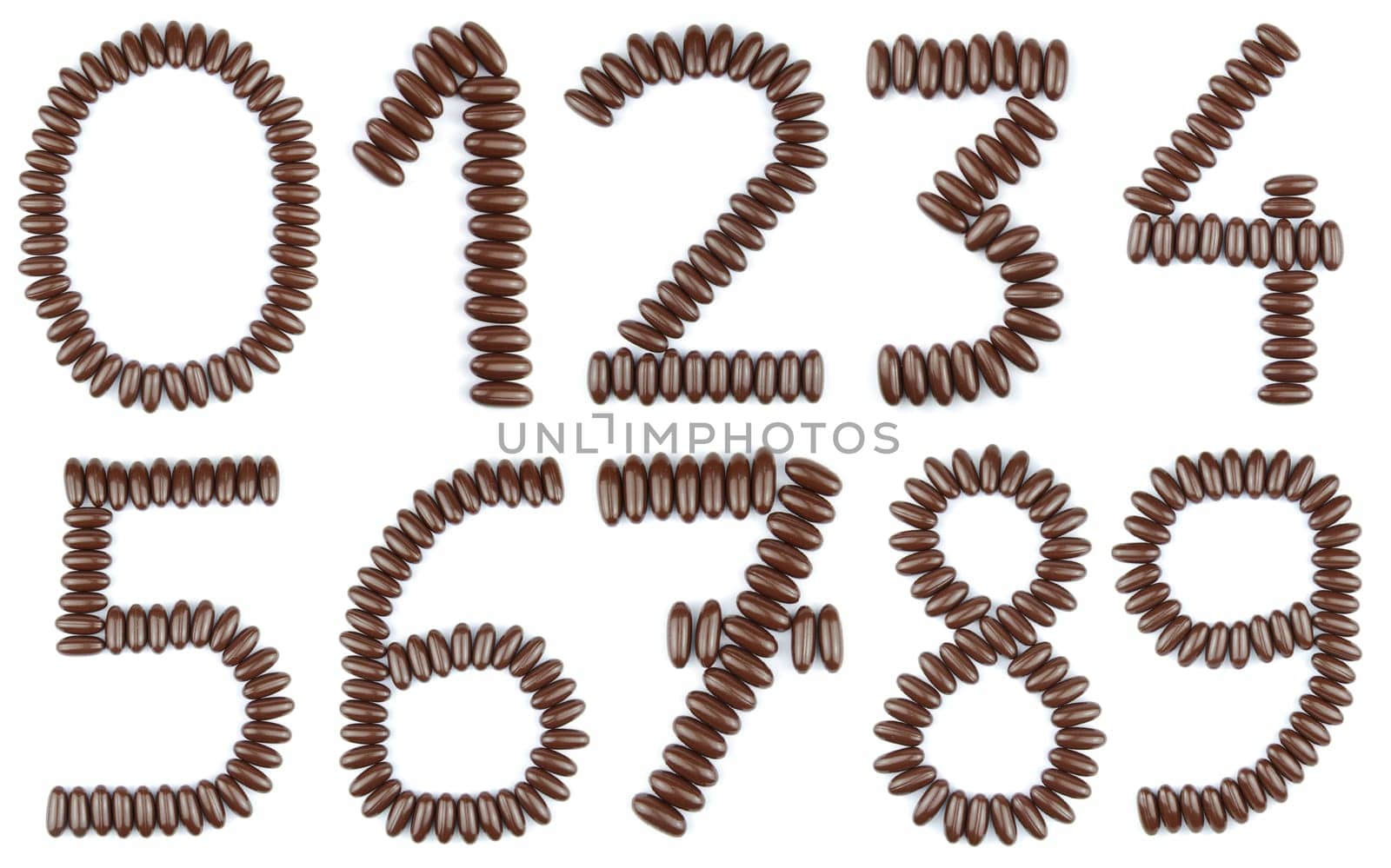 beautiful collection of numbers from 0 to 9 with chocolate candies (isolated on white background)