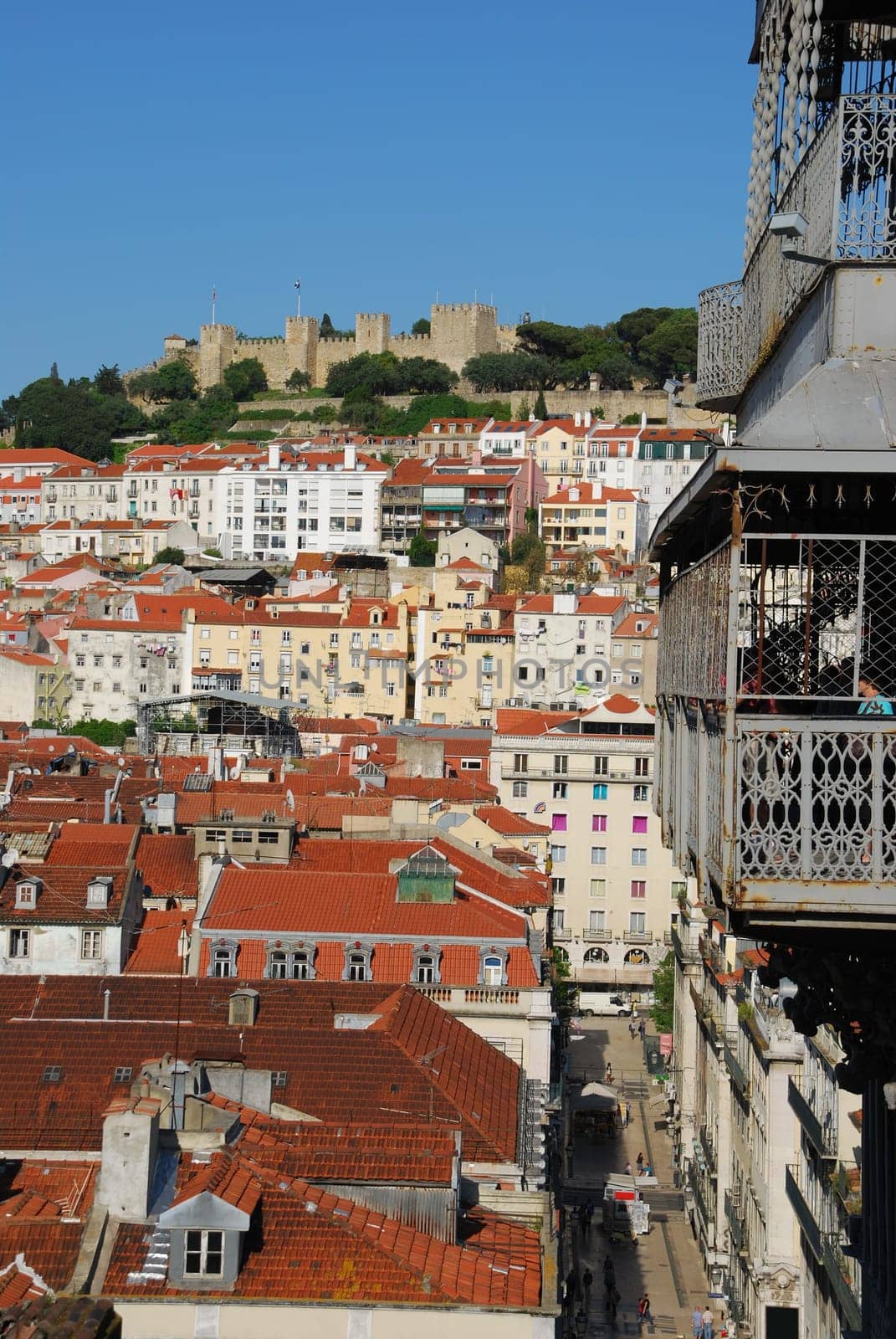 beautiful cityscape of Lisbon with Sao Jorge Castle and Santa Justa Elevator, Portugal