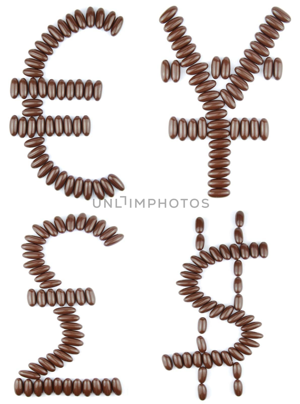 beautiful collection of 4 currencies (euro, yen, dollar, pound) with chocolate candies (isolated on white background)