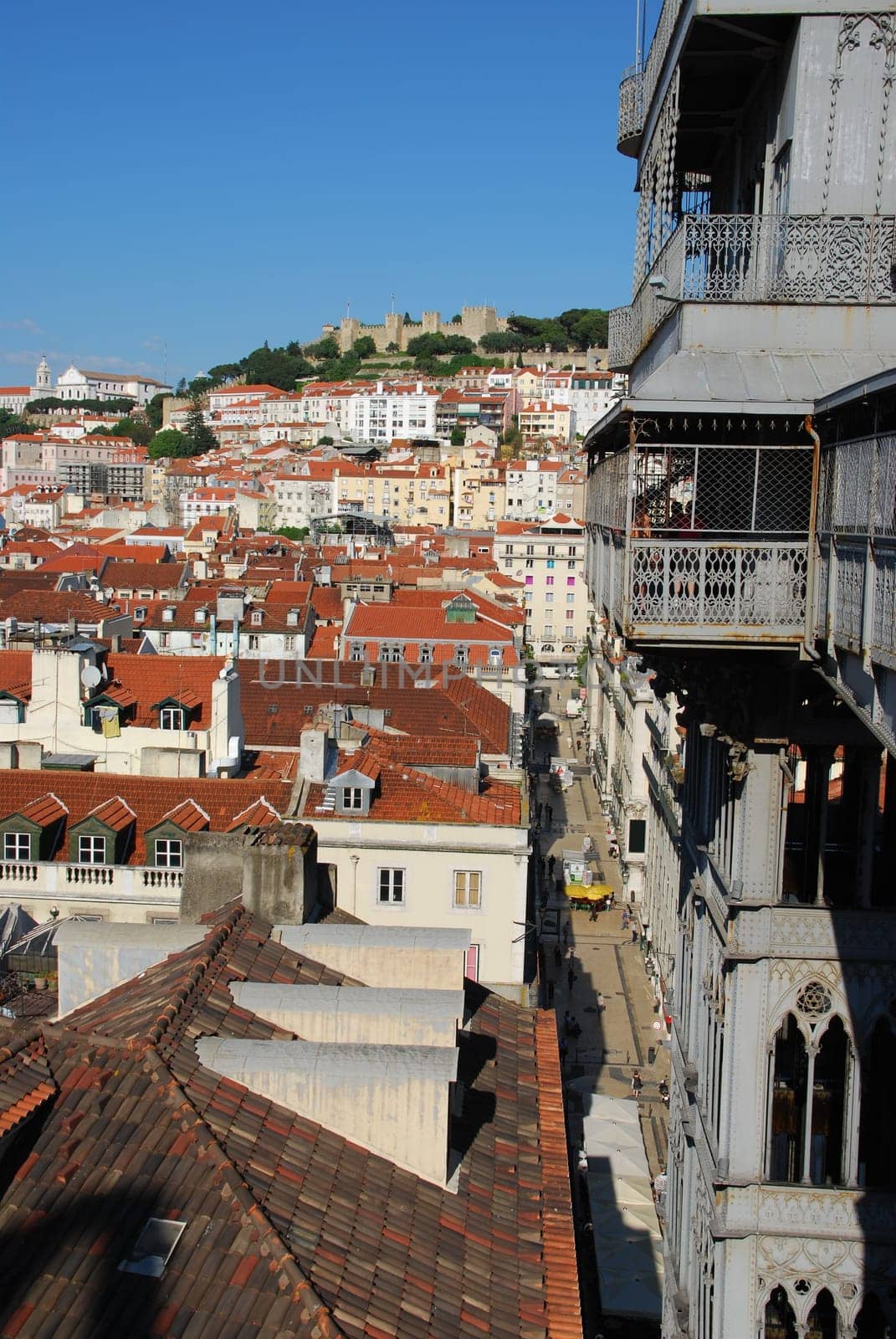 beautiful cityscape of Lisbon with Sao Jorge Castle and Santa Justa Elevator, Portugal