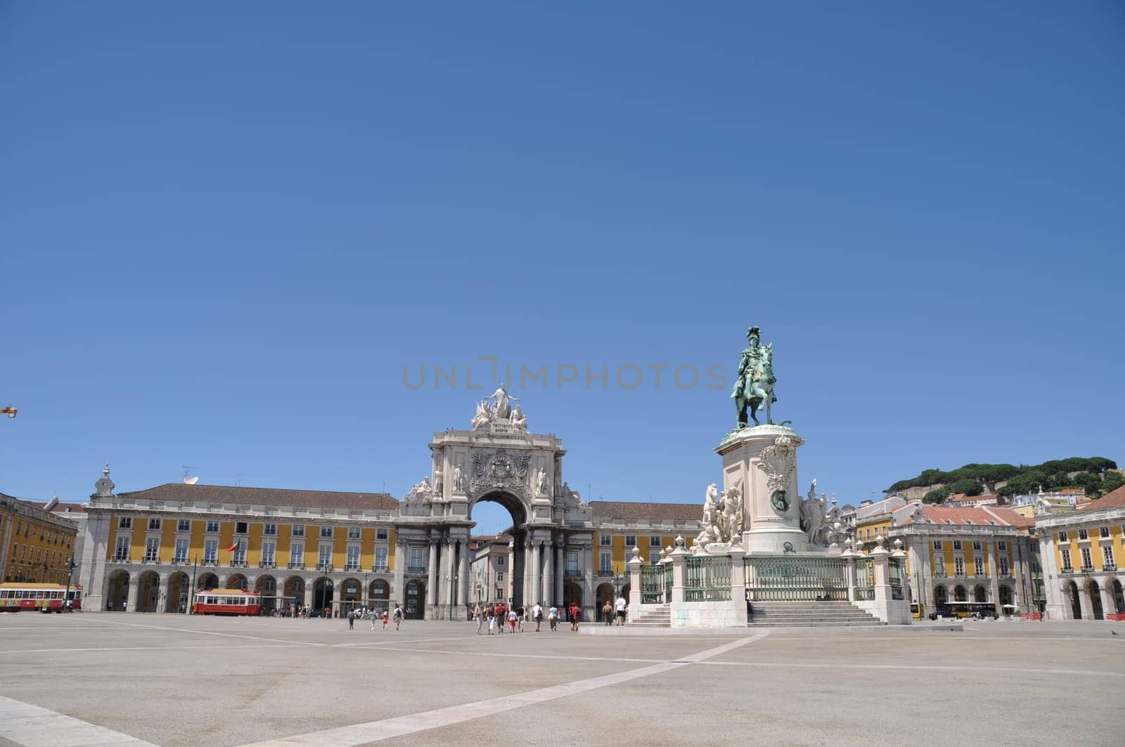 famous Commerce Square also known as Terreiro do Paço in Lisbon, Portugal (statue of King José I in the center)
