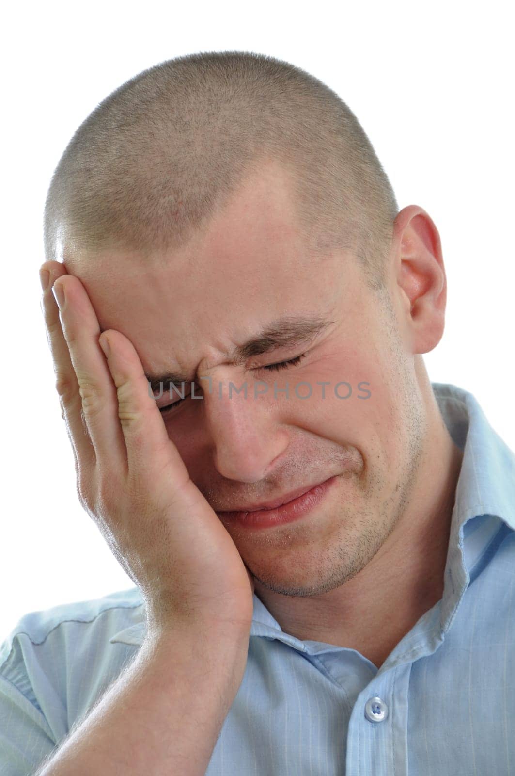 young men holding head in pain over white background