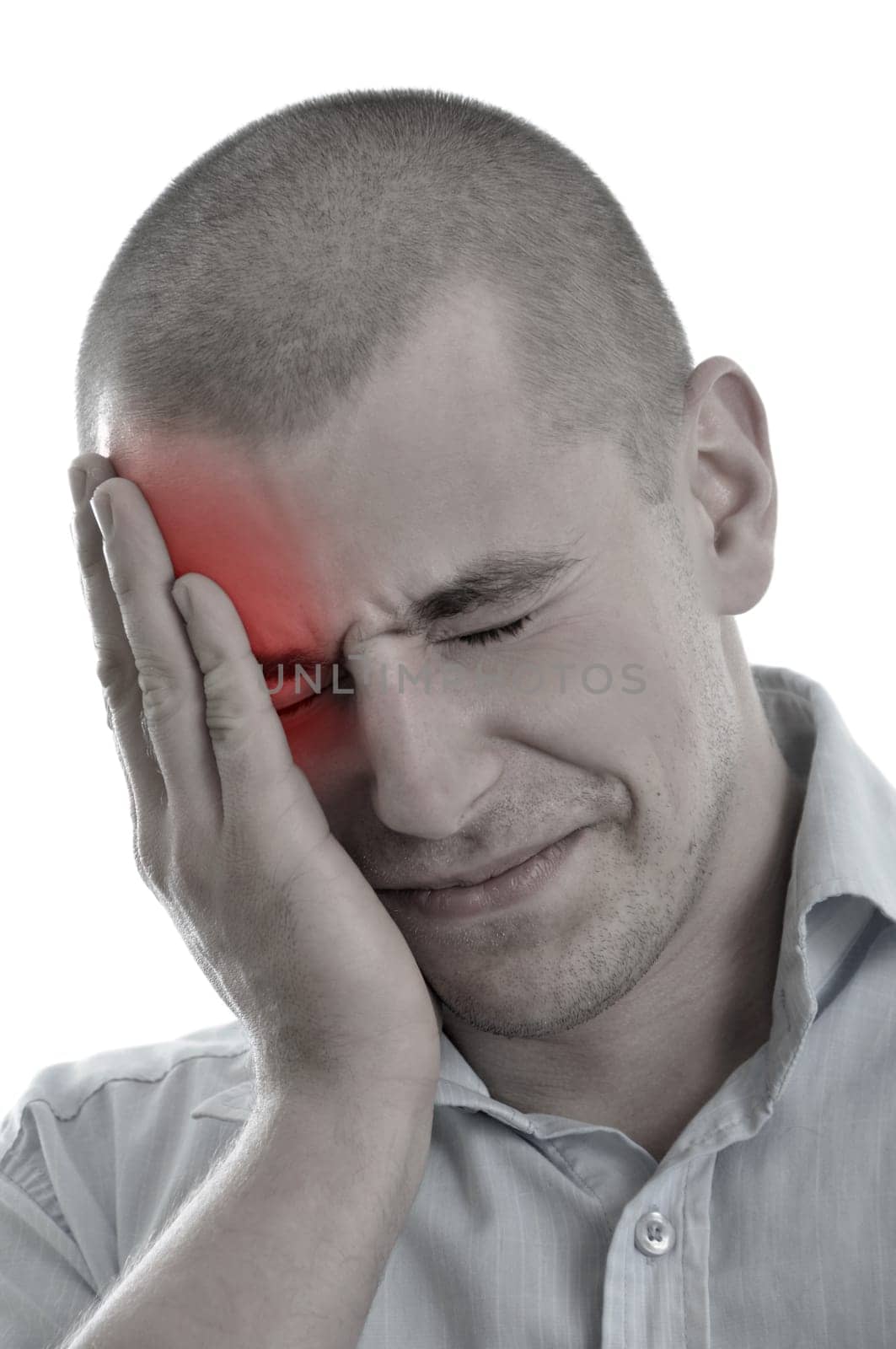 young men holding head in pain isolated on white background
