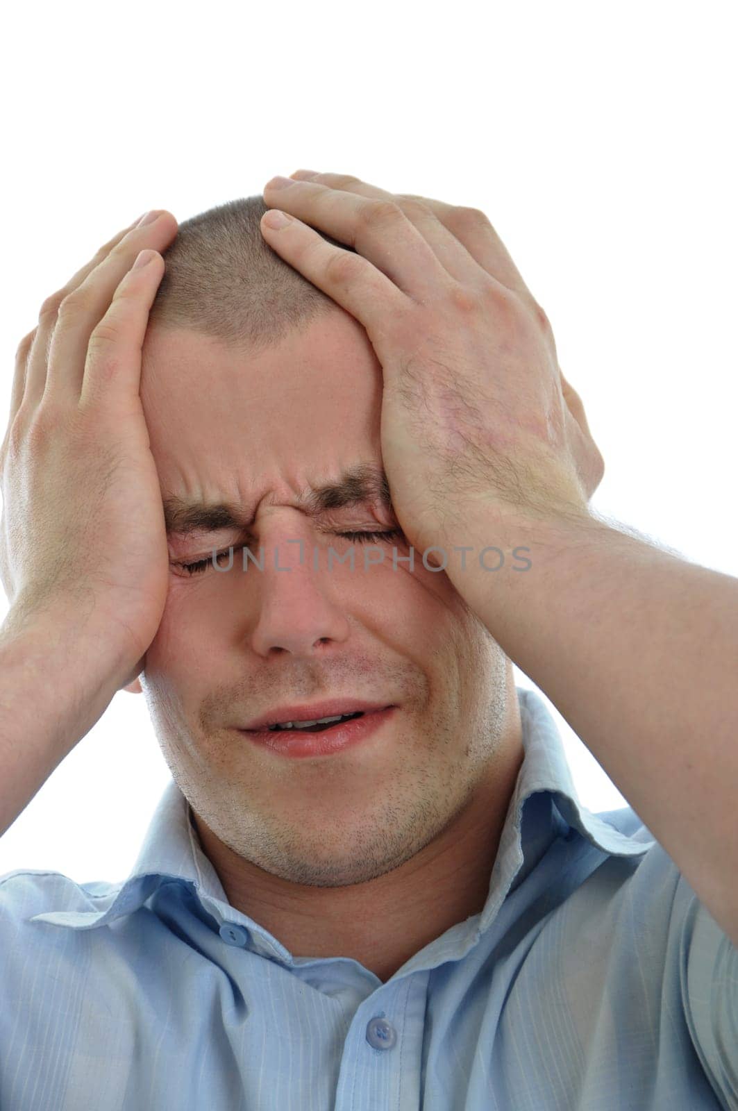 young men holding head in pain over white background