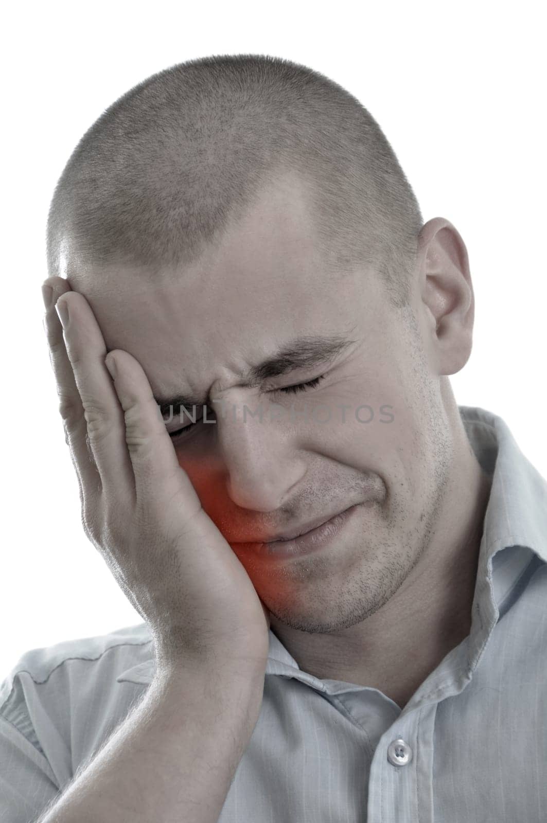 young men holding head in tooth pain isolated on white background