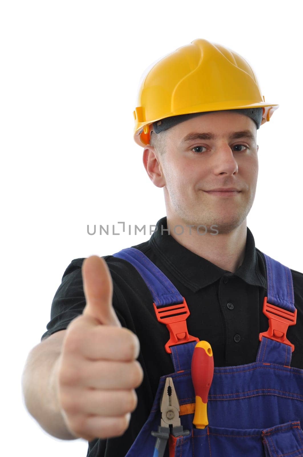 worker with thumb up hand gesture isolated on white backround.