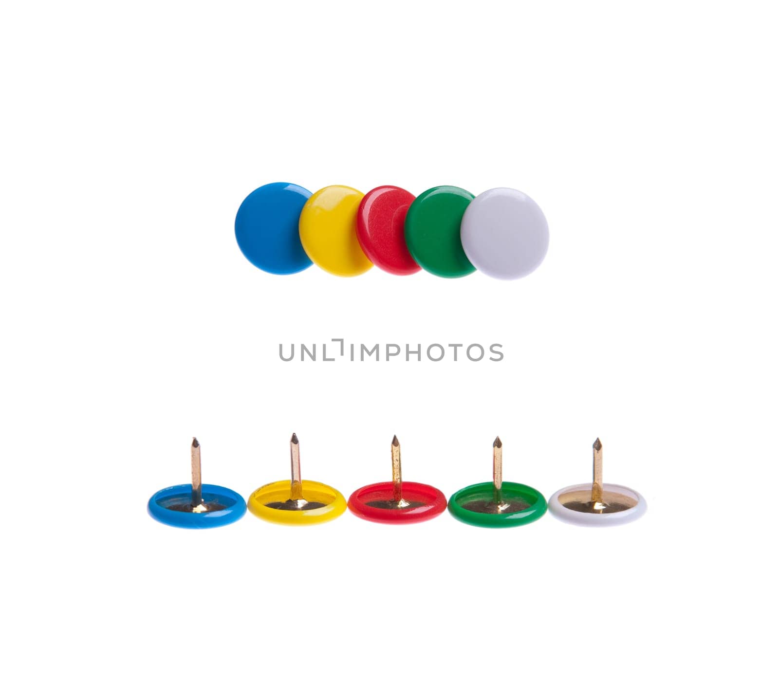 colored push pins (front and back) isolated on white background