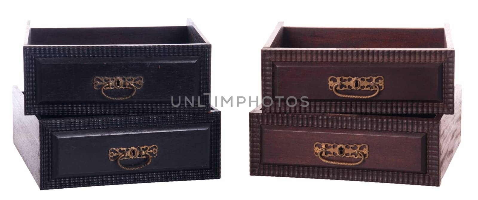four antique wooden drawers isolated on white background