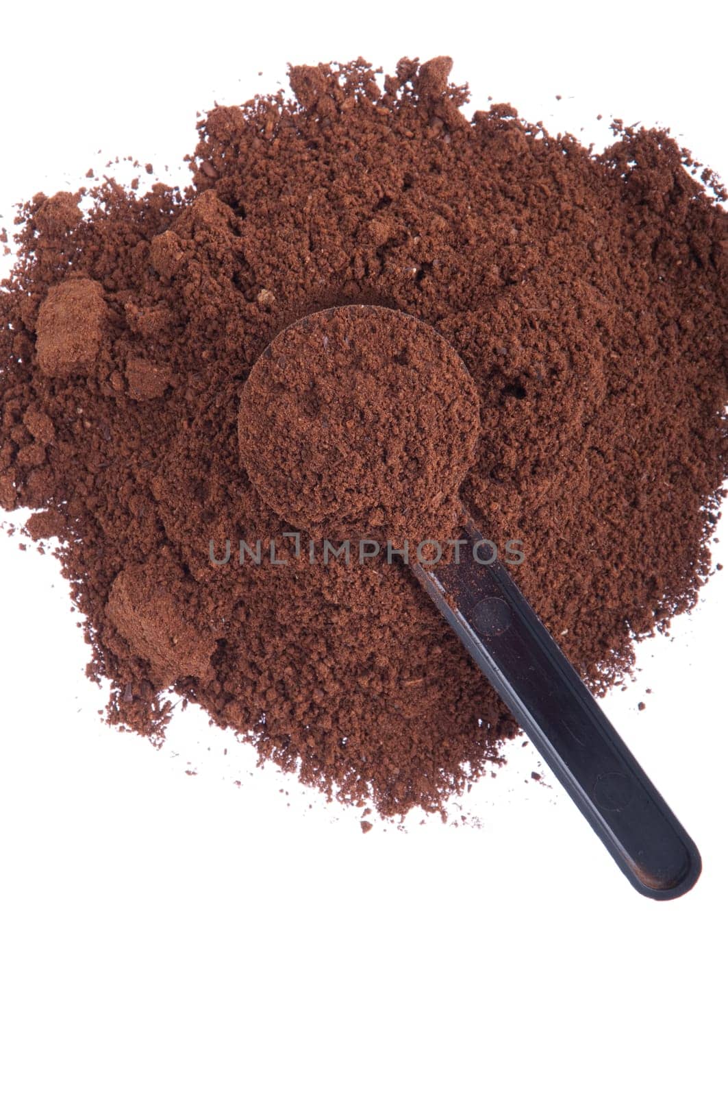 fresh coffee powder with spoon isolated on white background