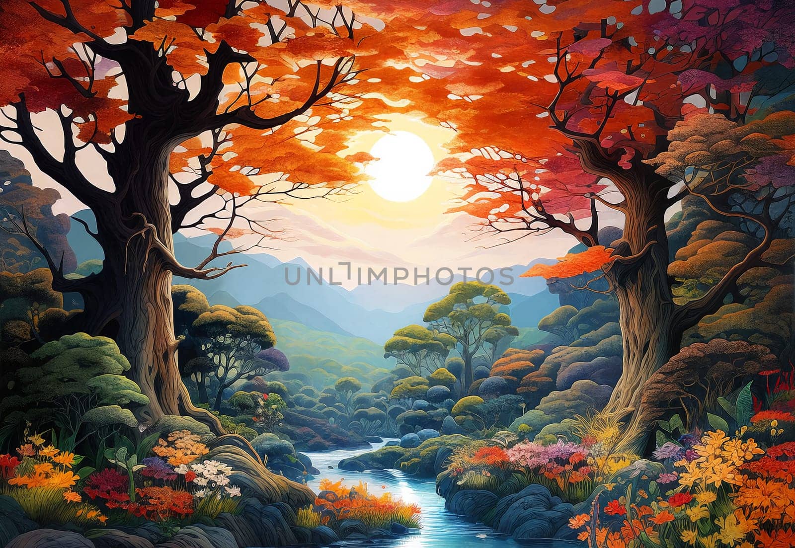 A stunning autumn landscape with a red tree, tropical mountain flowers, and a river panorama. The light shining through the trees creates a beautiful ambiance
