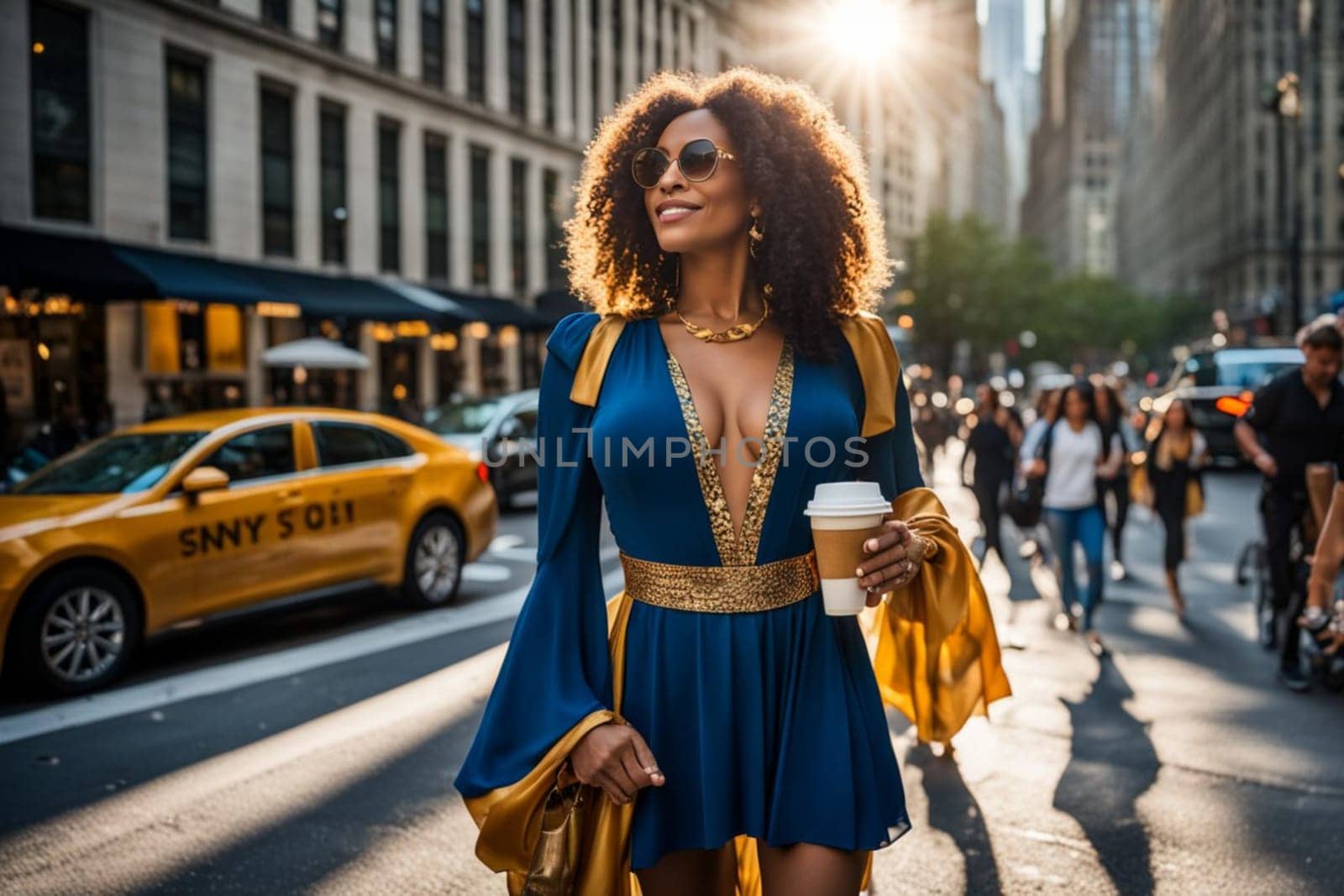 A vibrant fit tall young trans woman in the street, sun glasses, perfect hair , vintage channel style inspired dress, background is new york, 5th avenue.