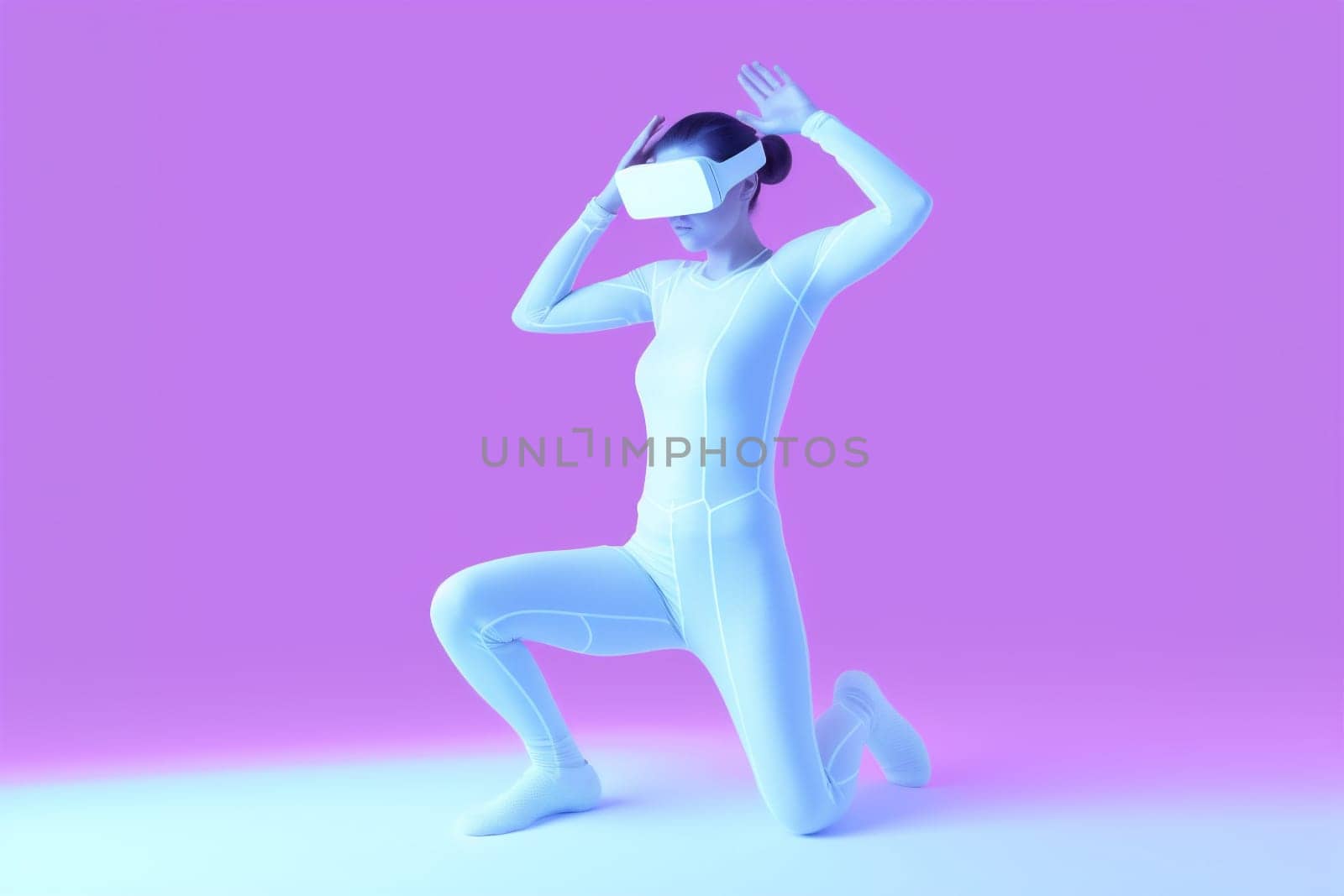 woman neon sport glasses game vr digital reality innovation gadget virtual. Generative AI. by Vichizh