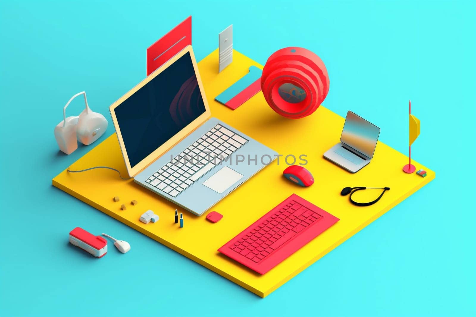 mobile desktop web template design view red laptop background minimal gadget colours white object computer keyboard business technology communication hand workspace. Generative AI.