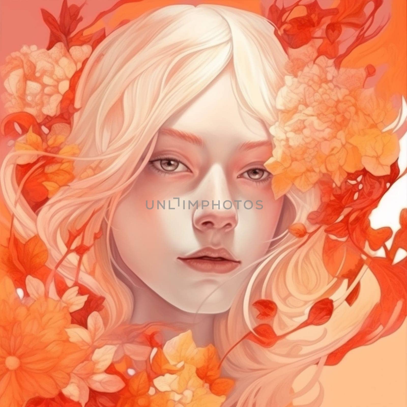 flower woman make-up portrait pastel girl tender colourful beauty trend face. Generative AI. by Vichizh