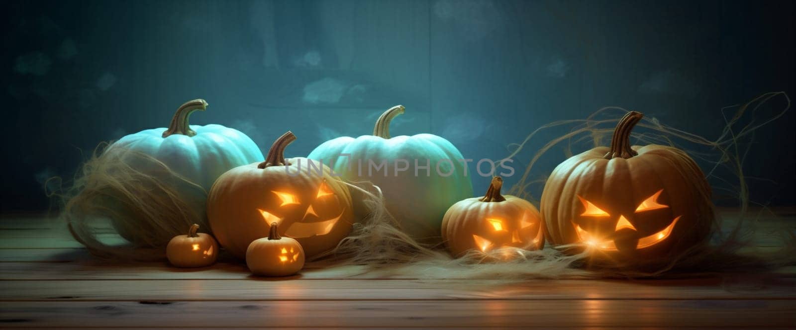 halloween mystery night horror blue silhouette pumpkin evil background table fear. Generative AI. by Vichizh