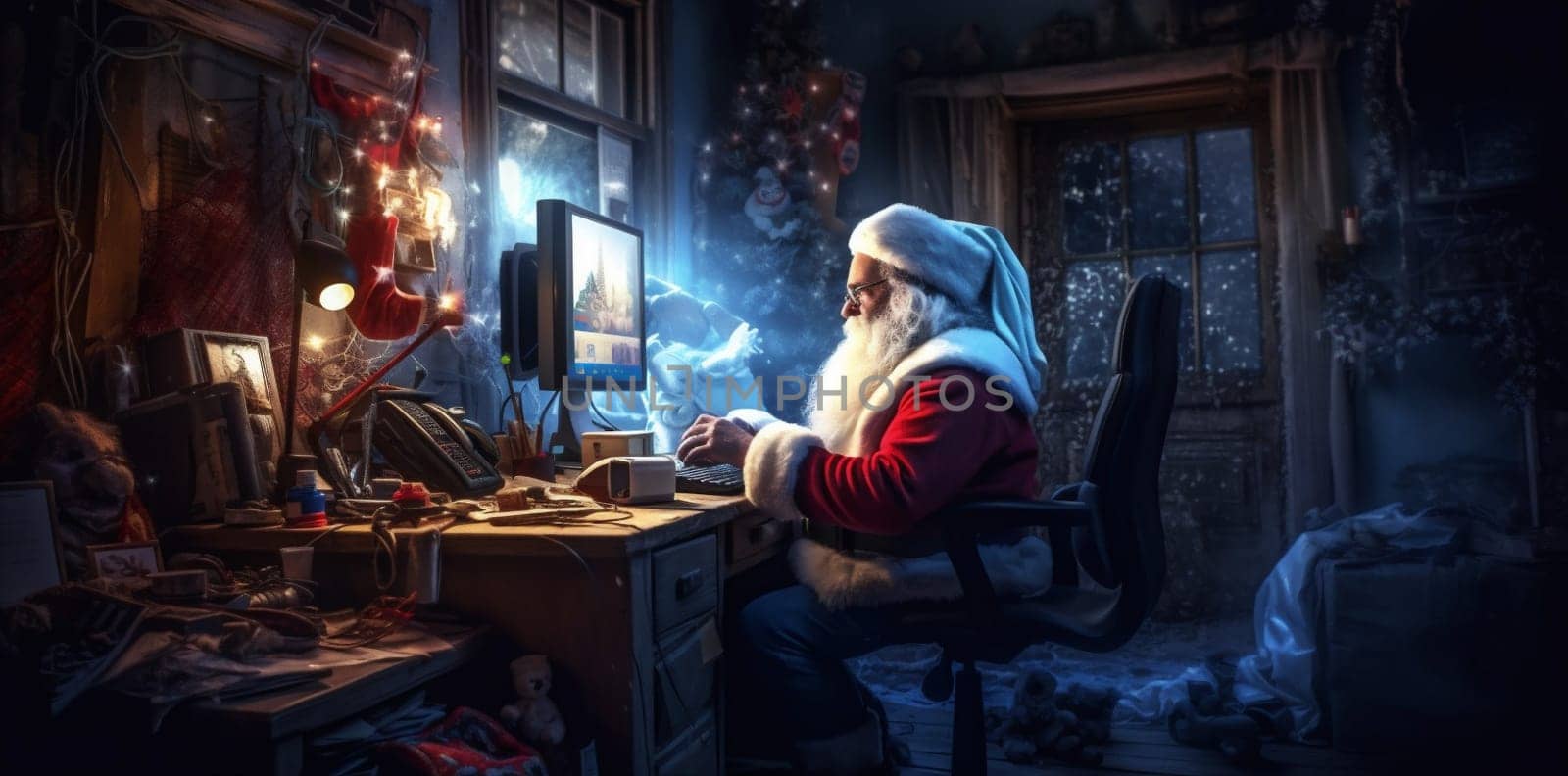 man holiday gift decoration family laptop illustration home christmas santa concept new cyberspace communication house quarantine character winter december happy. Generative AI.