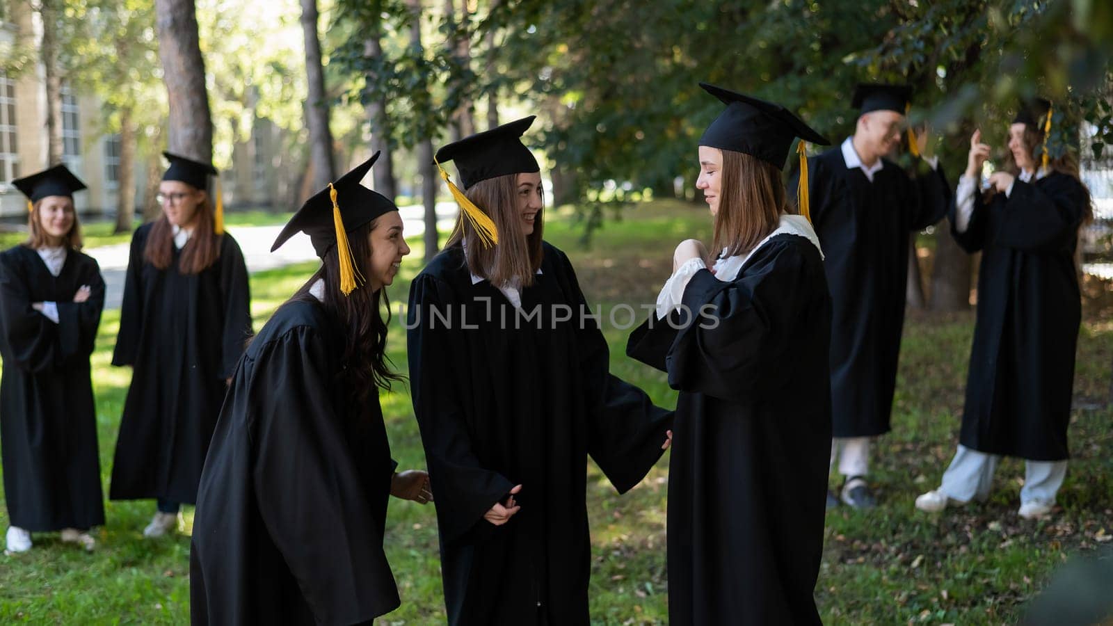 A group of graduates in robes congratulate each other on their graduation outdoors