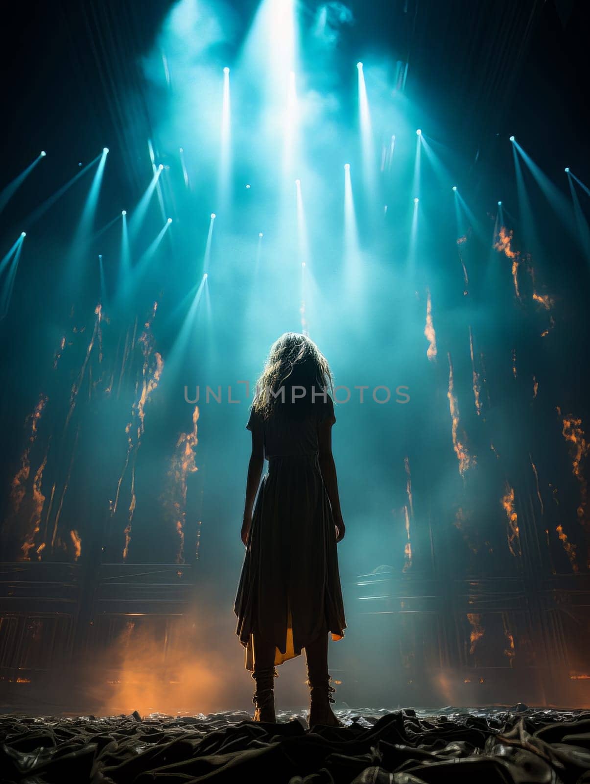 Fictional thin girl in dramatic light stands with her back in the frame on street ruins AI