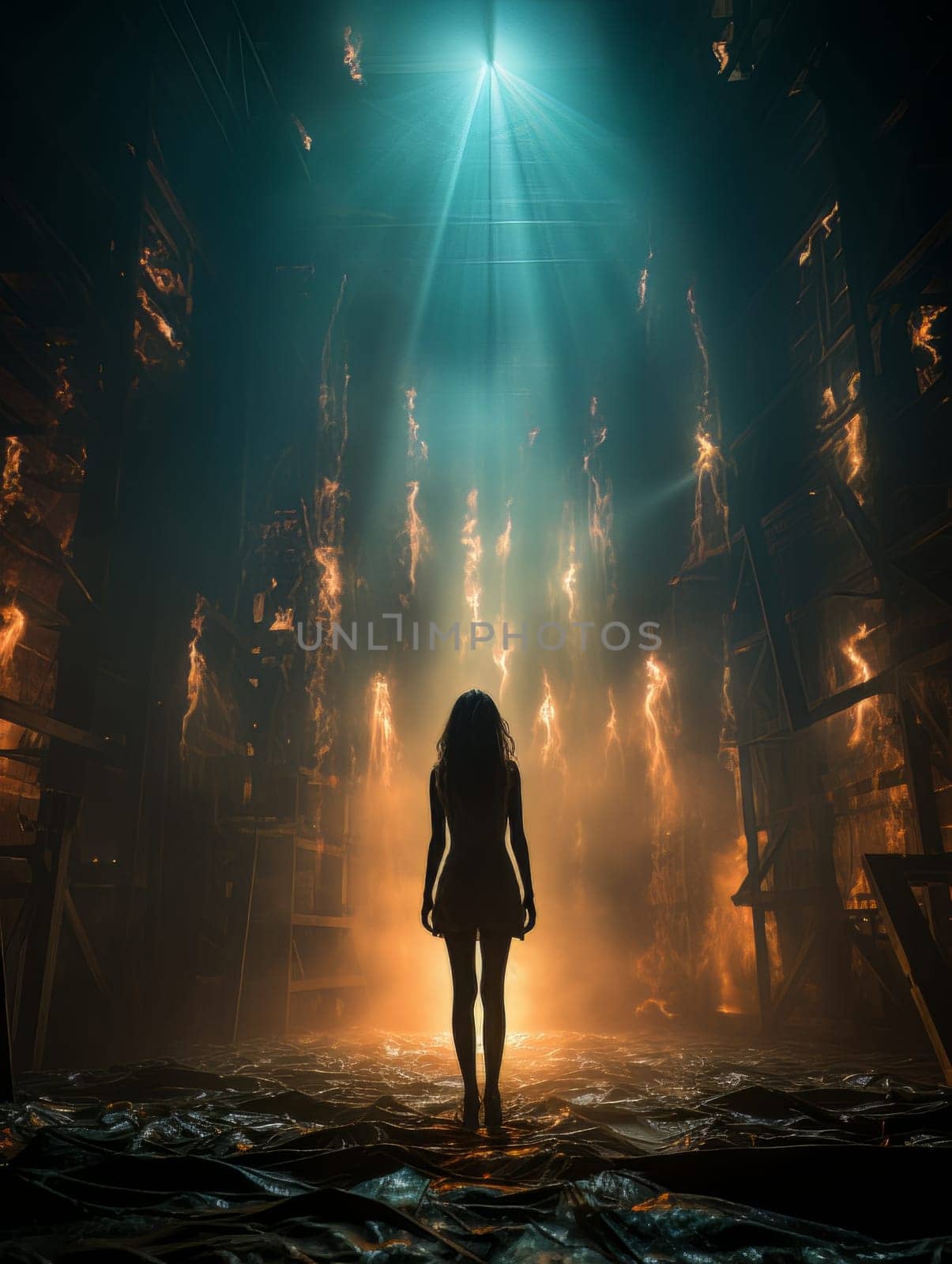 Fictional thin girl in dramatic light stands with her back in the frame on street burning ruins AI