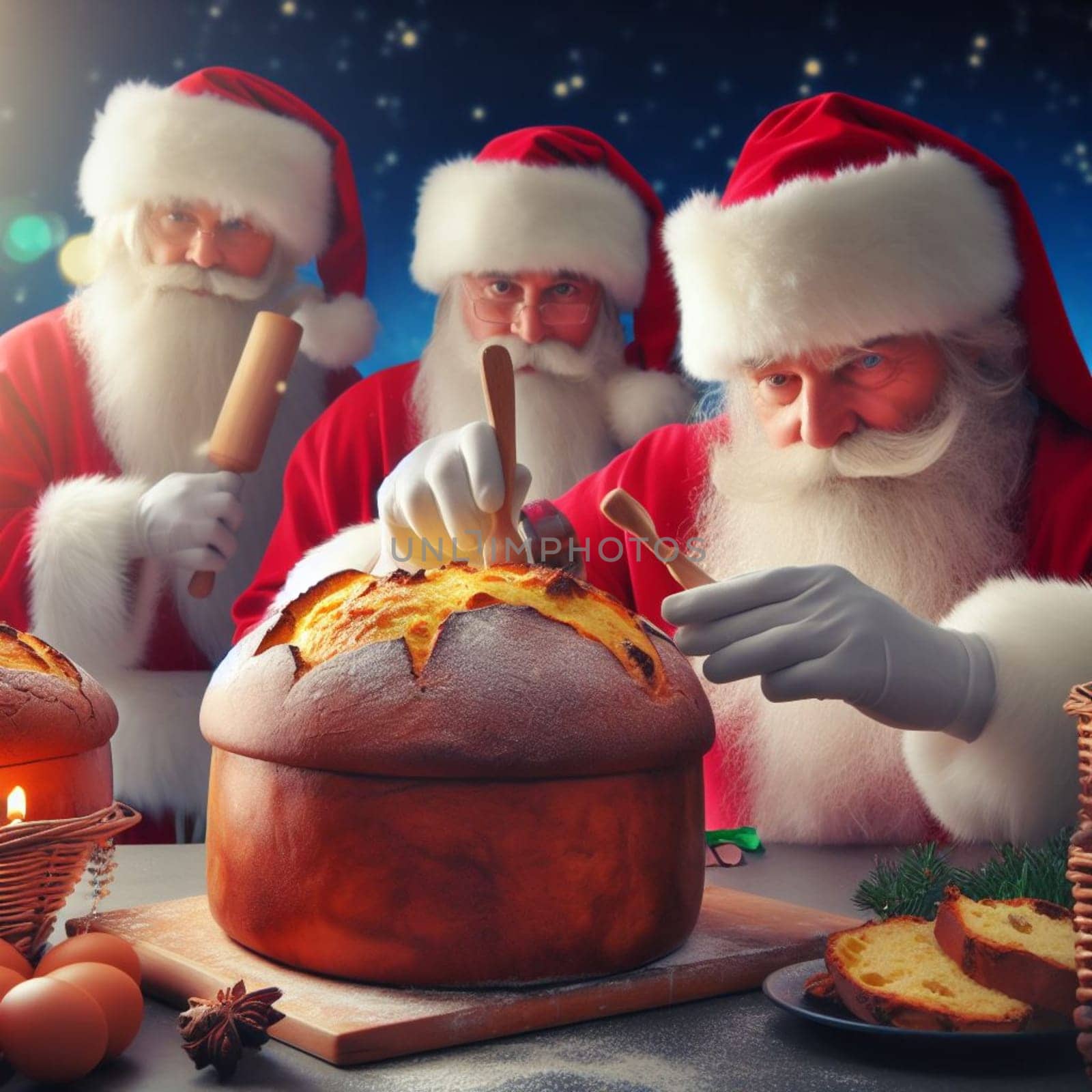 santa claus bake panettone italian christmas sweet cake in xmas atmospehere by verbano