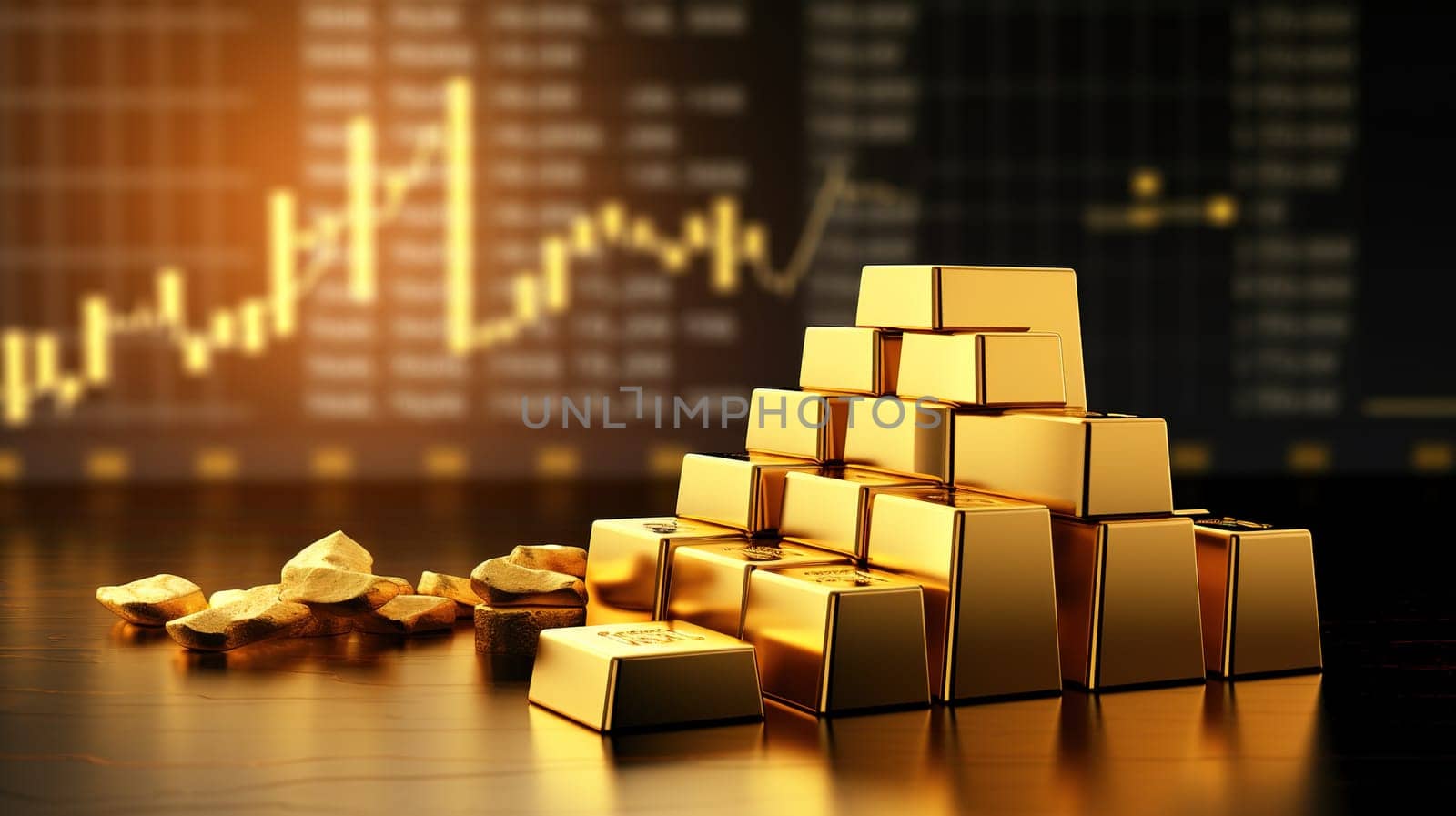 Gold bars with rising curve of the graph on a background, investment opportunities gold, finance concept