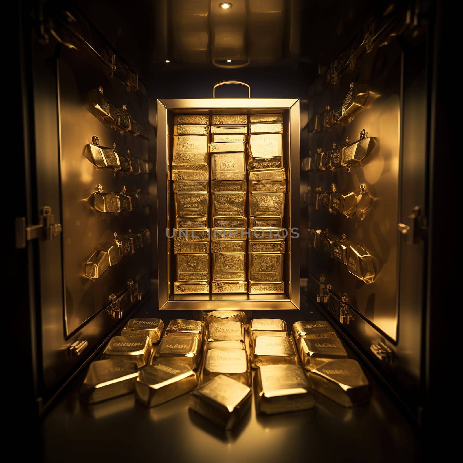 Opened safe or vault with lot of a gold bars, investment gold