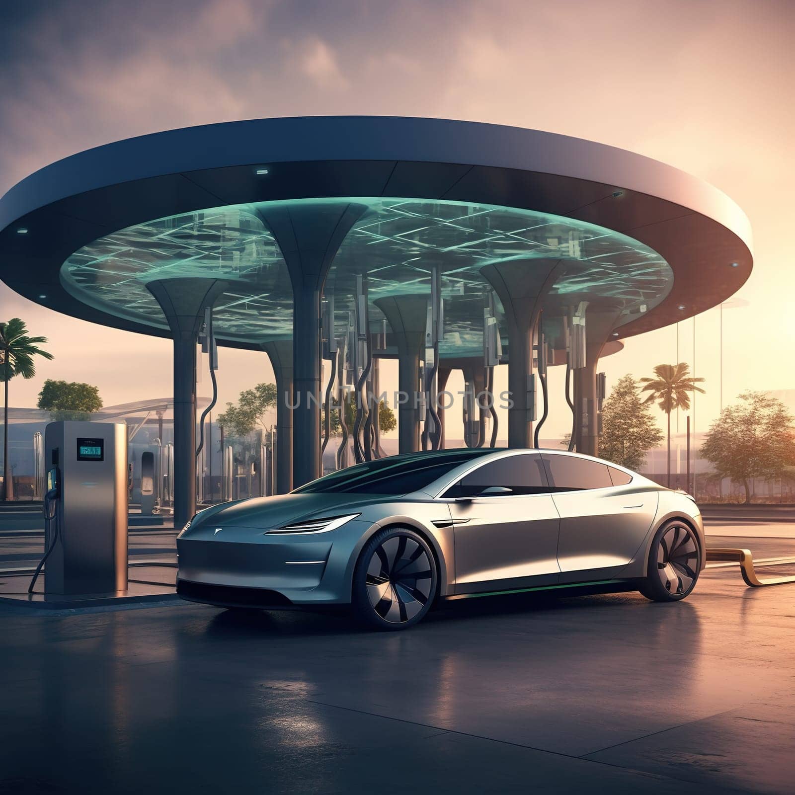 Electric car by the modern charging station, transportation and industrial concept by Kadula