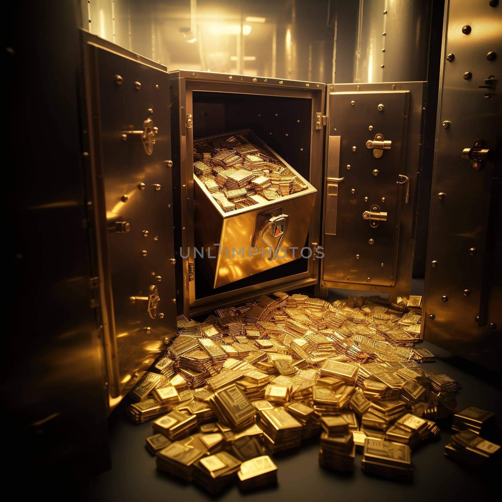 Opened safe or vault with lot of a gold bars, investment gold