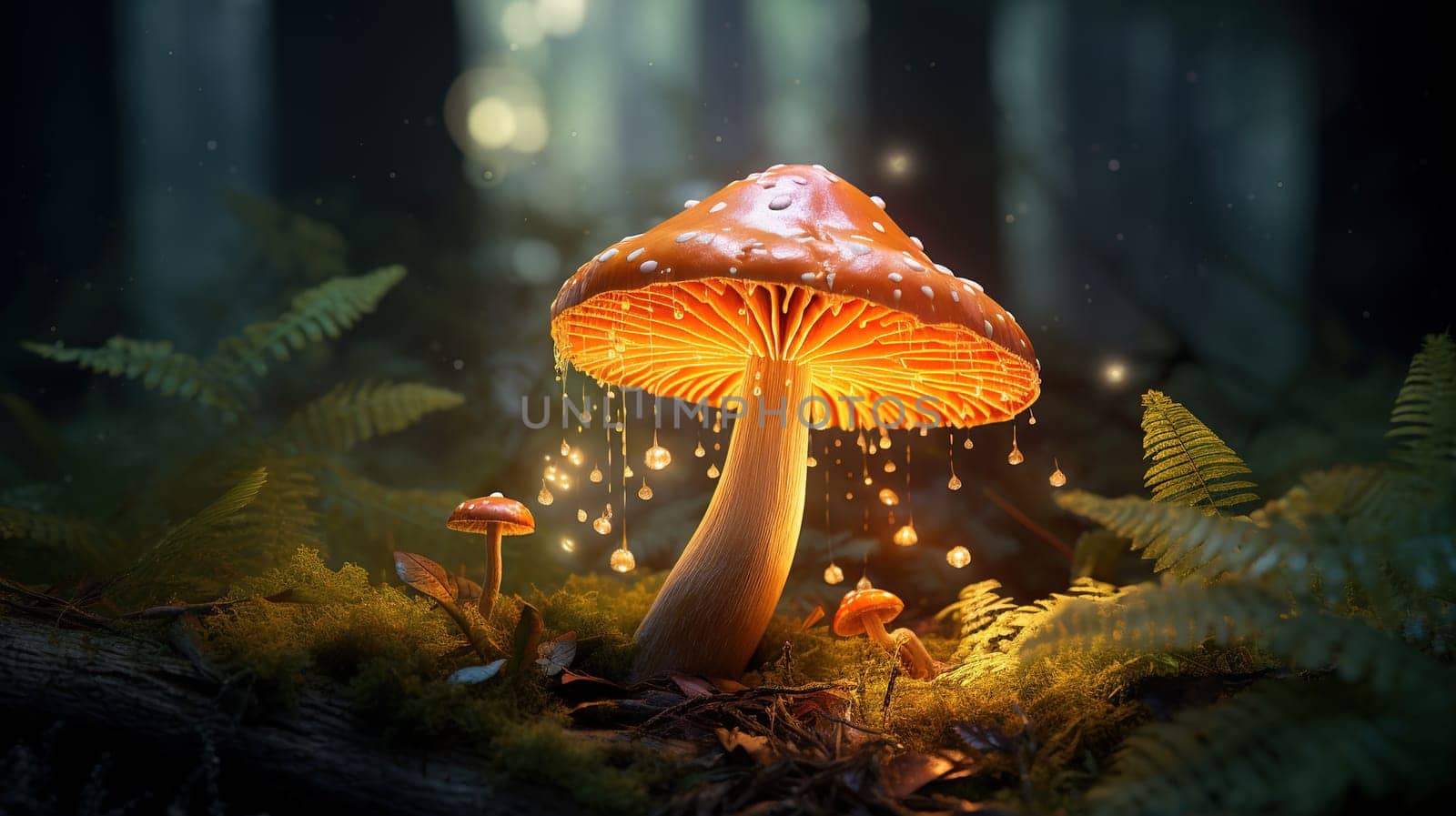 Glowing or shining mushroom in a forest during night, nature concept