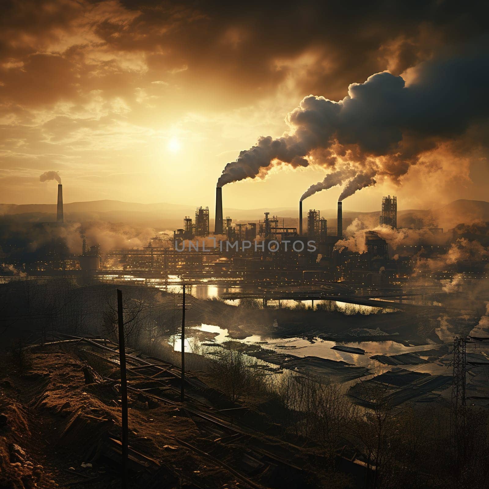 Heavy industrial factories producing a smog polluting the environment, ecological issue