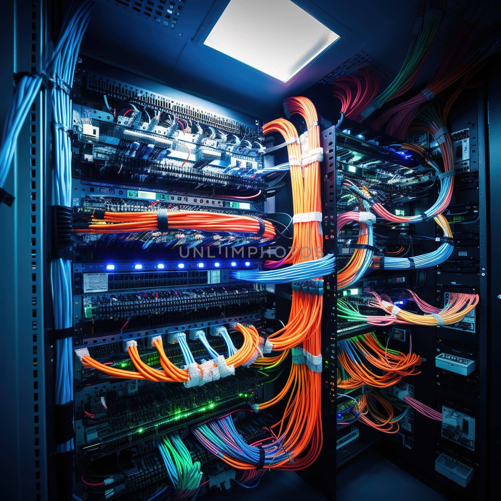 Modern IT server of a data center computer racks, IT network infrastracture concept