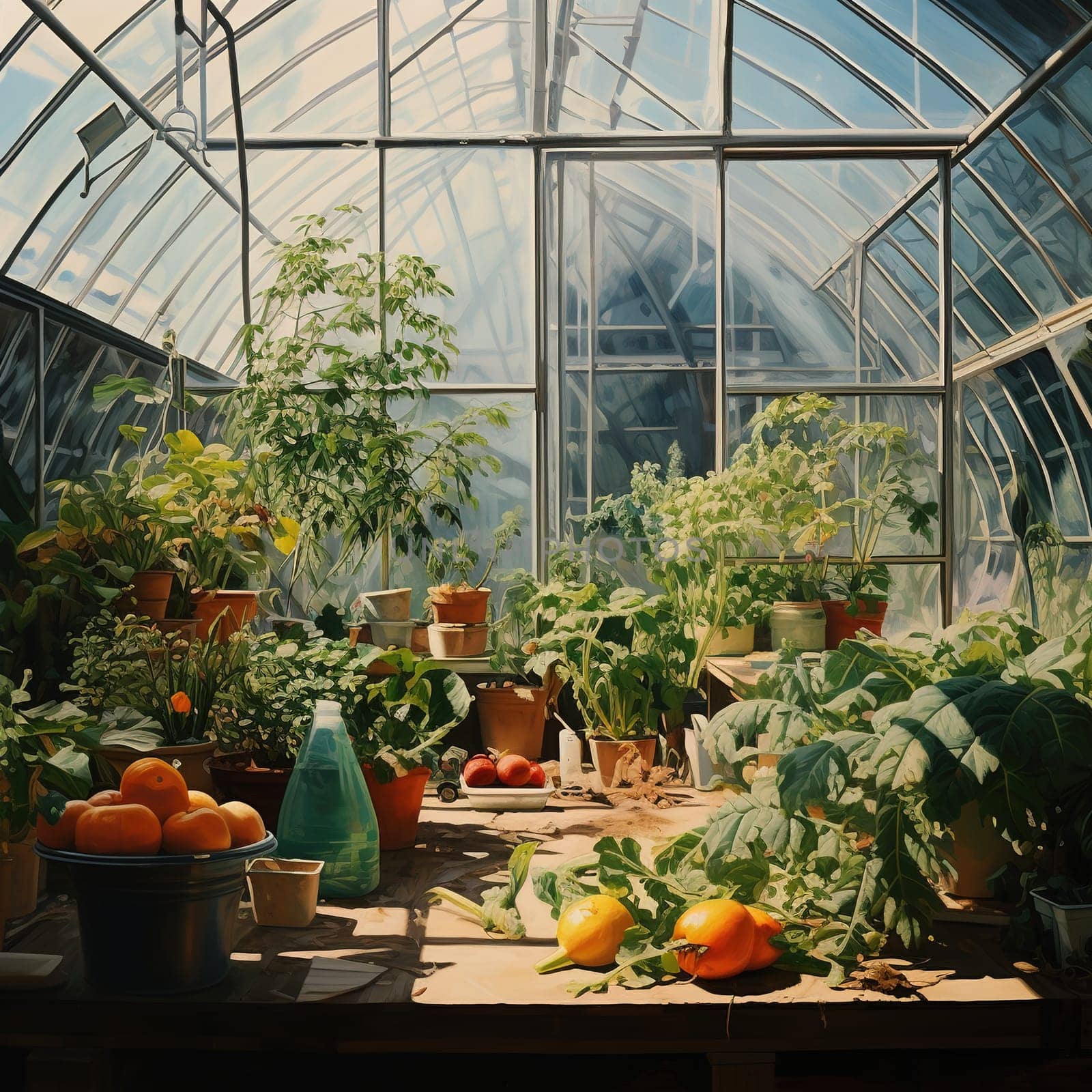 Greenhouse with kind of vegetable and gardening equipment, agricultural concept by Kadula
