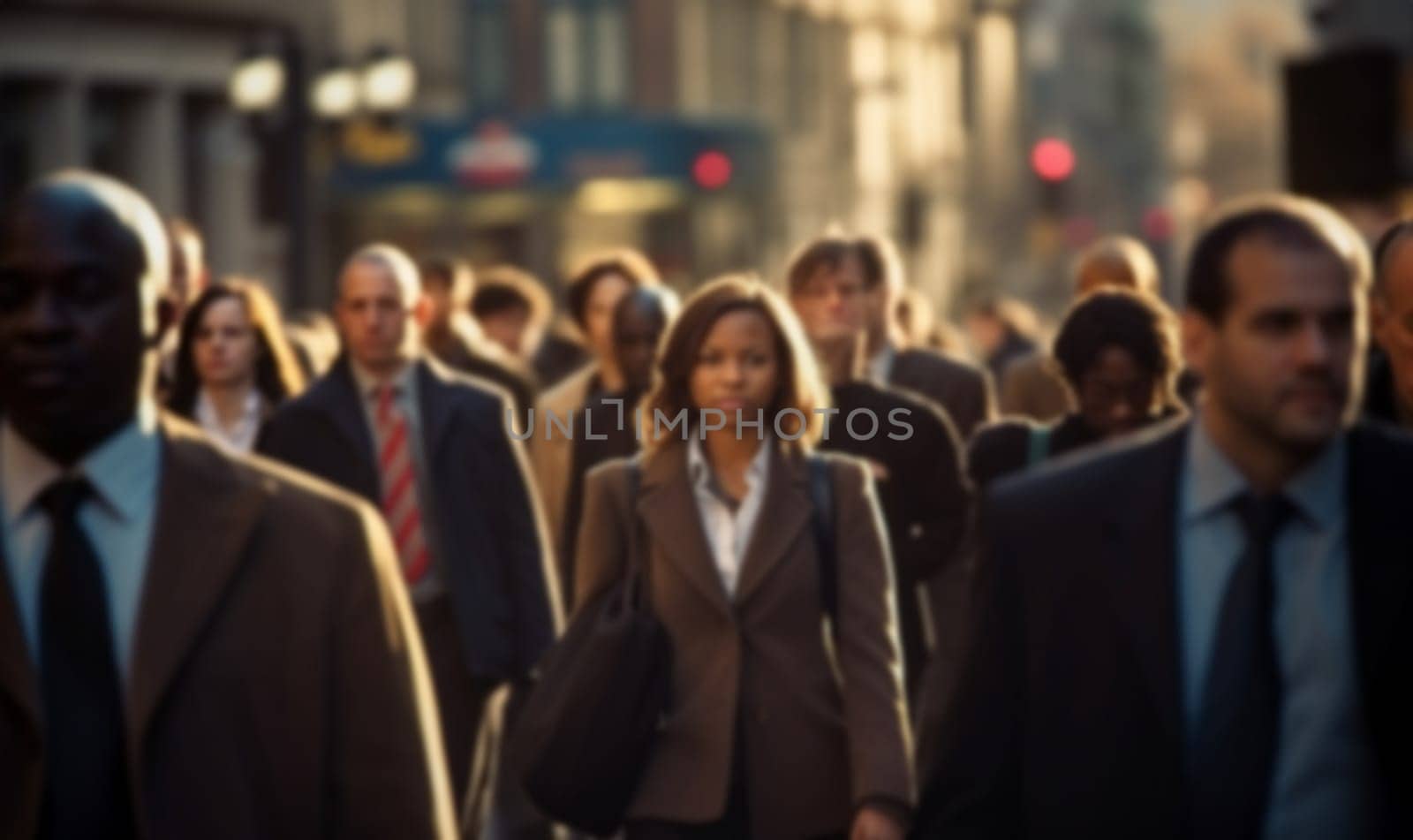 Blurred crowd of unrecognizable business people at the street in a busy city. People in a hurry for work. Rush hour motion blur concept by Annebel146