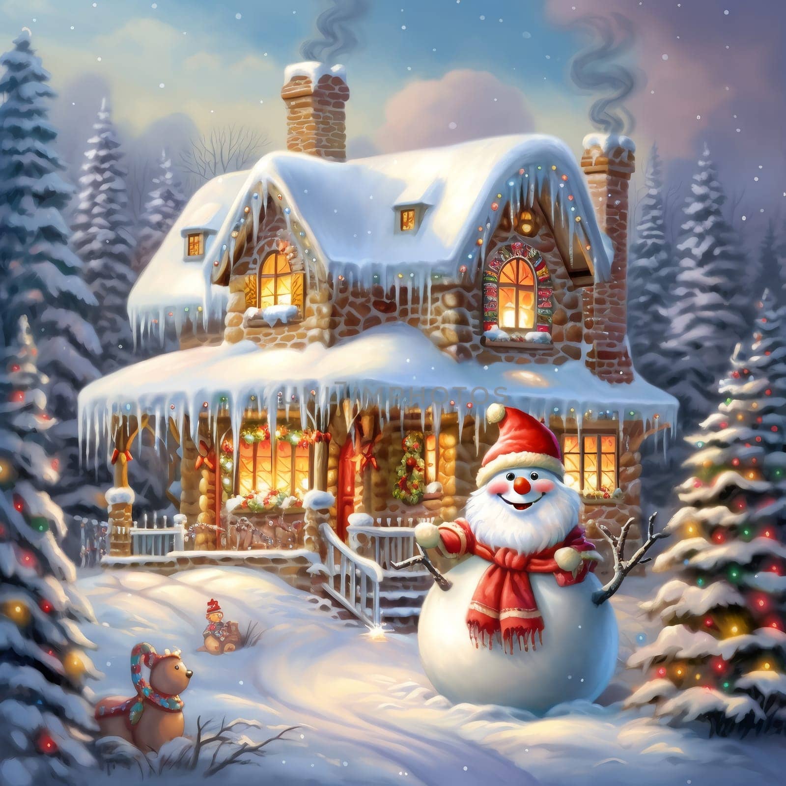 Christmas snowy house outside interior with winter landscape, snowman and fir trees. Christmas decorations. Generation AI.