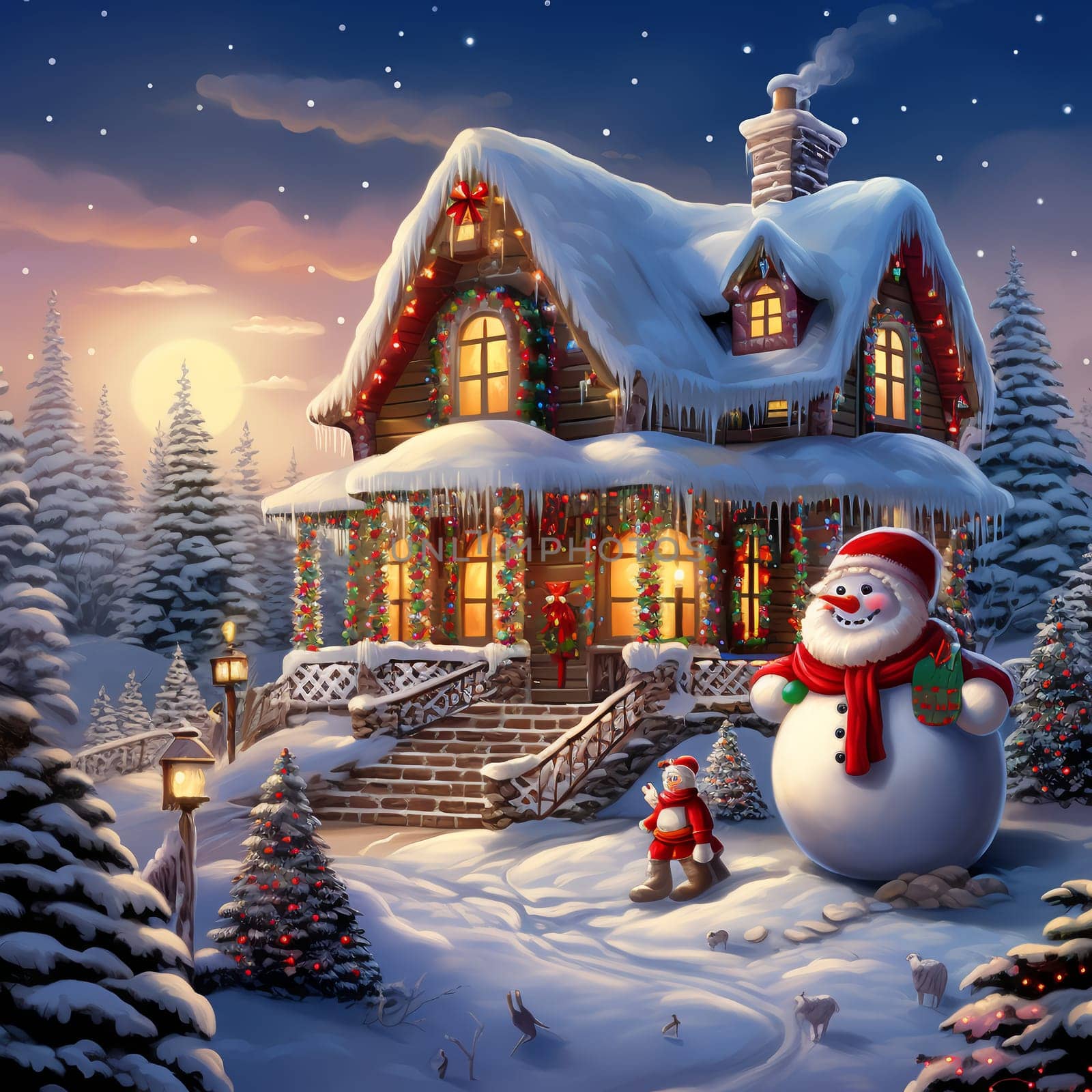 Christmas snowy house. Generation AI. by AndreyKENO