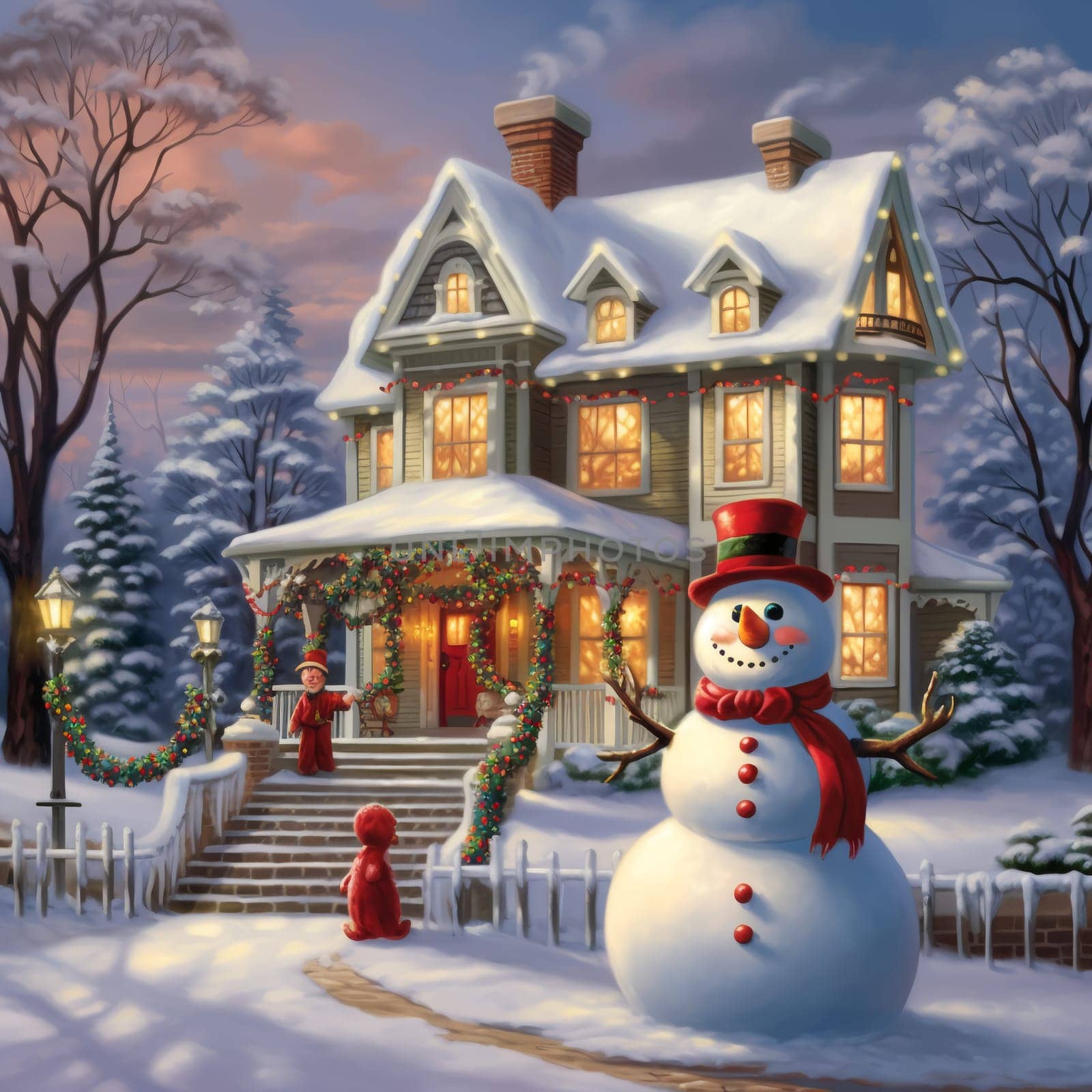 Christmas snowy house outside interior with winter landscape, snowman and fir trees. Christmas decorations. Generation AI.