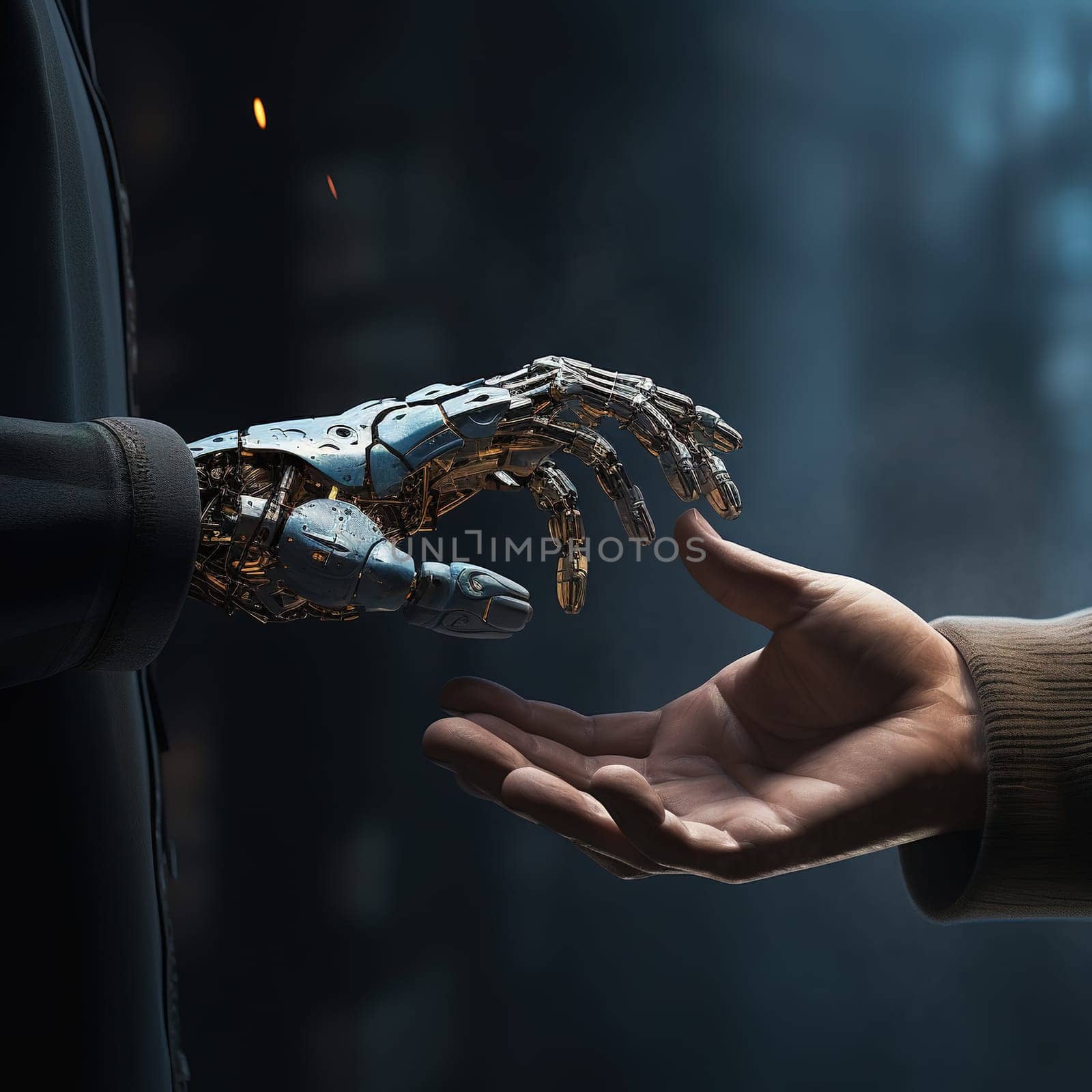 Robot and human shaking hands, future cooperate