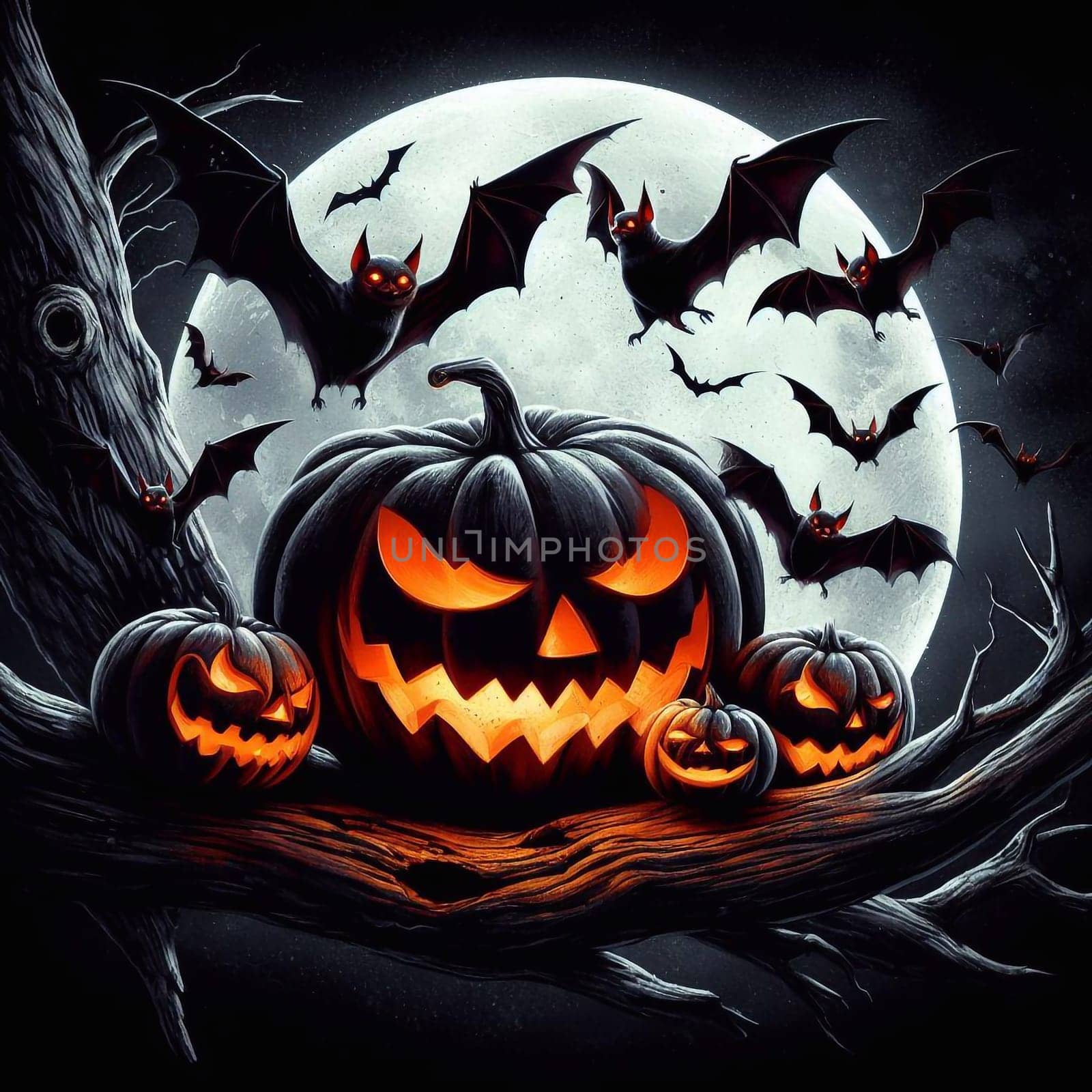 Halloween holiday of horror and night with the pumpkins and bats