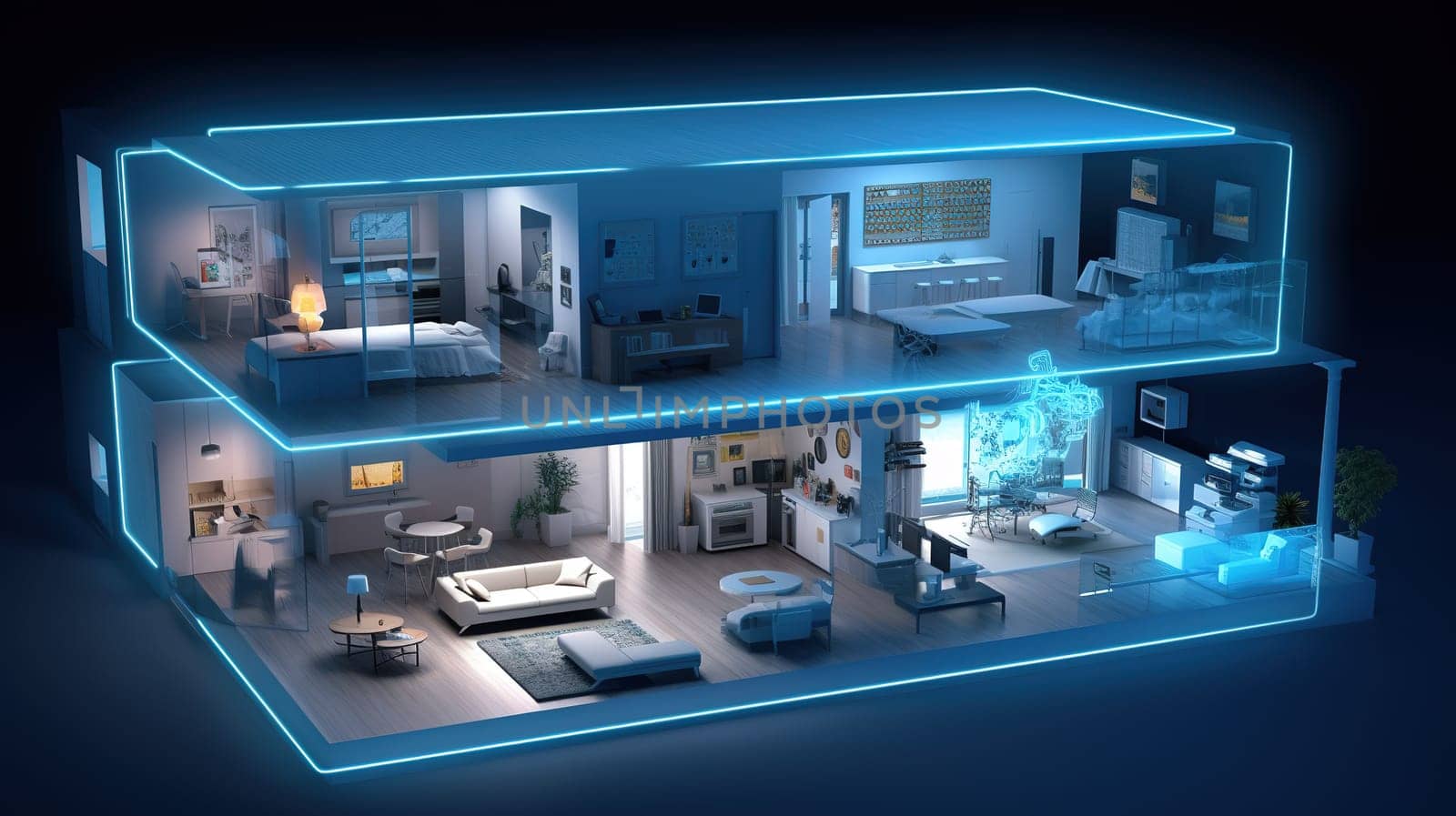 Smart home technology concept, cross section of a housecross with intelligent elements