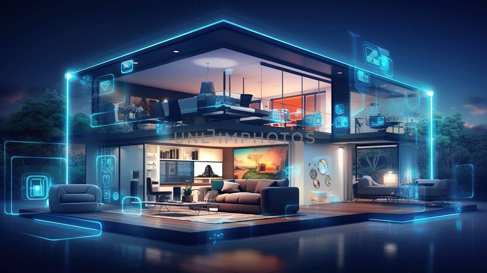 Smart home technology concept, cross section of a housecross with intelligent elements