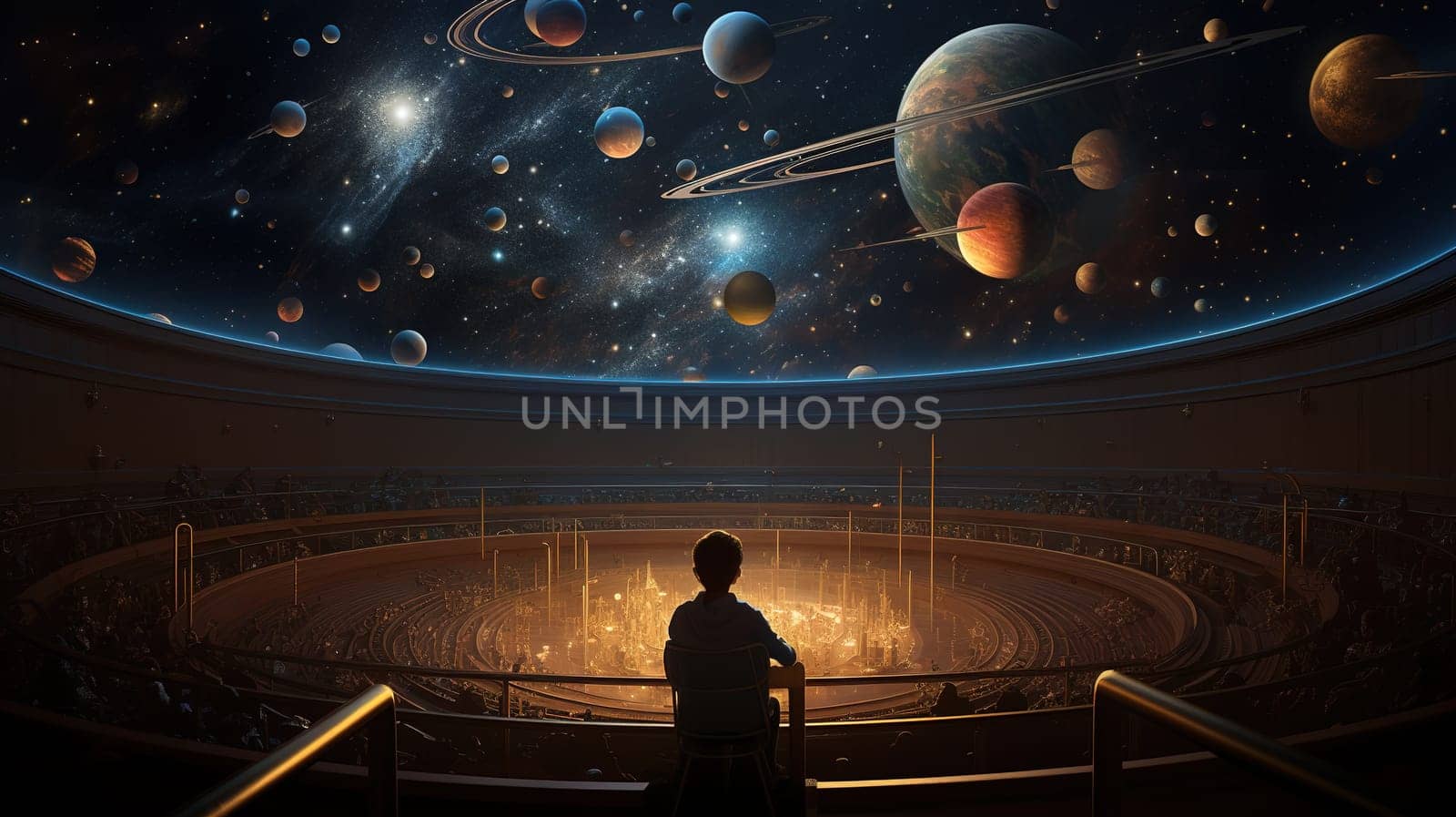 Modern planetarium with projection of the planets and stars of the solar system, astrology concept