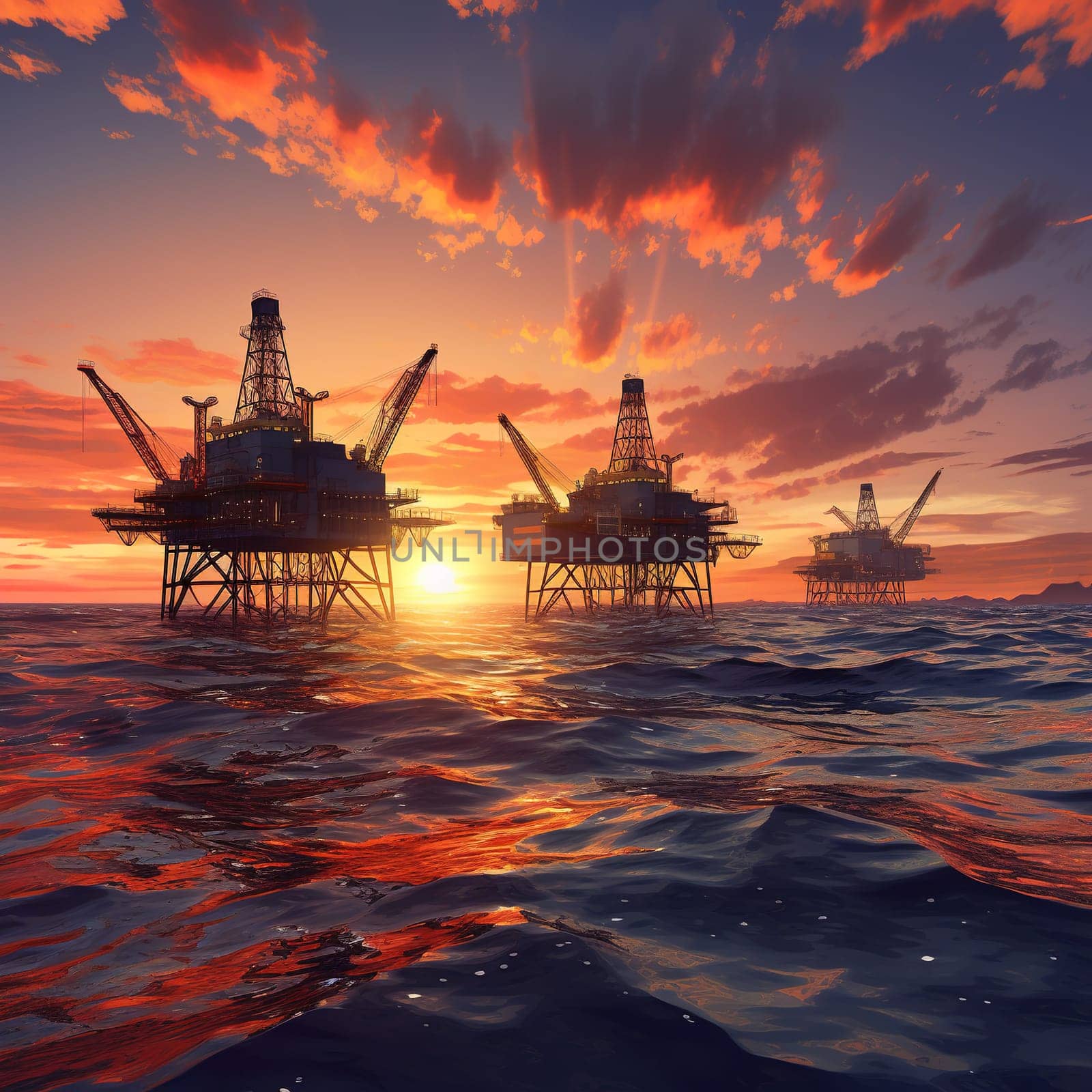 Oil platforms in the ocean, oil drilling from the bottom of the ocean, industrial concept by Kadula