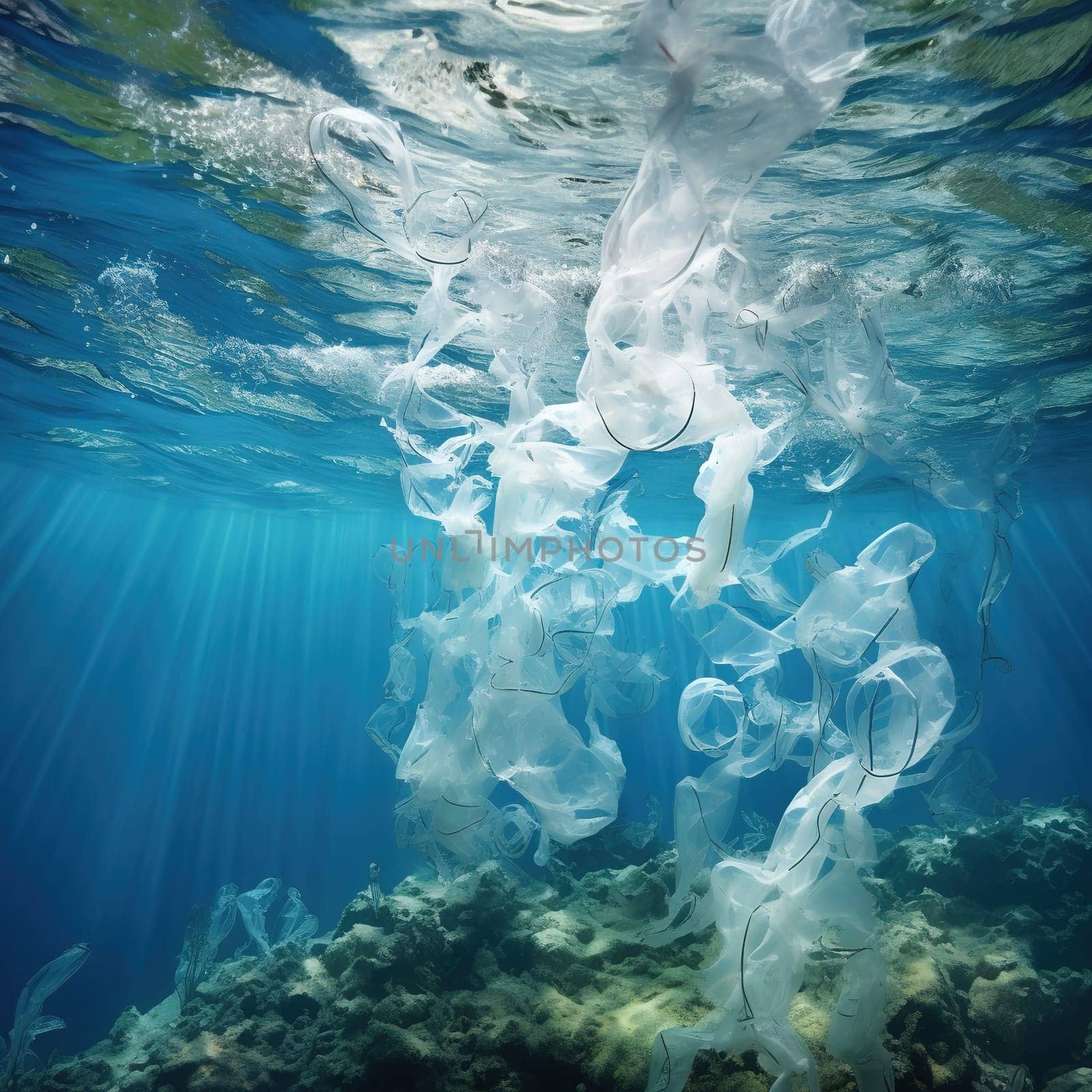 Plastic pieces and sheet in a ocean underwater, polluted water, ecology issue