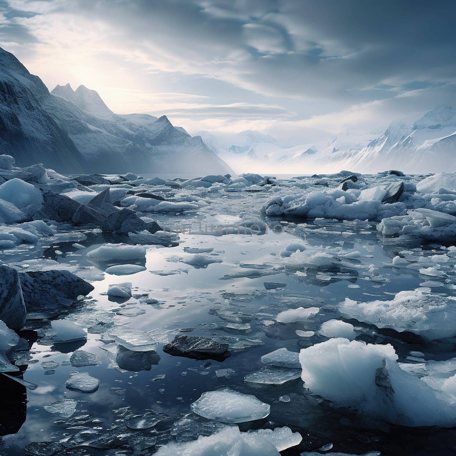 View to melting glacier and ice, global warning and issue, global warming concept by Kadula