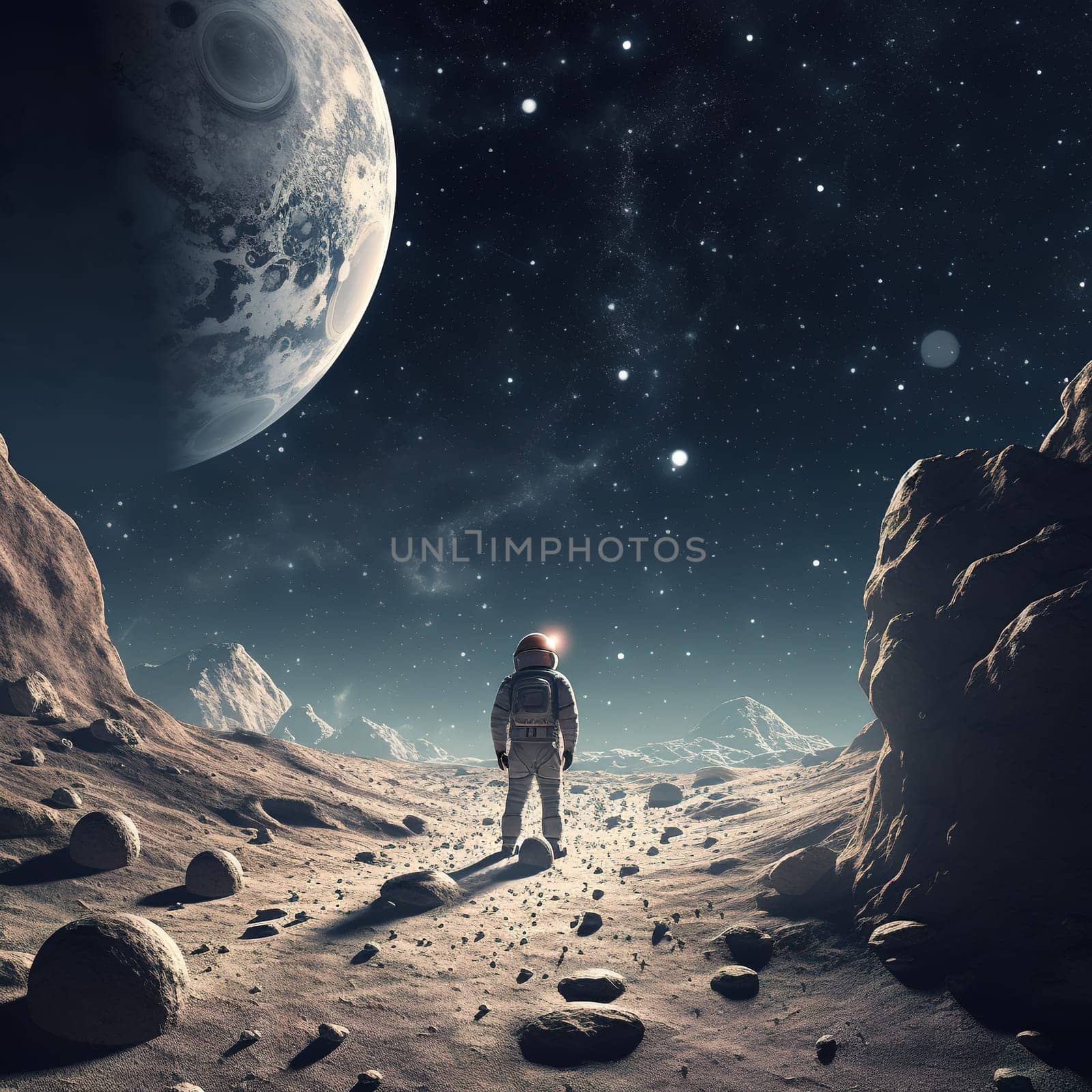 An astronaut standing on an unidentifiable planet and looking to the moon, astrology concept by Kadula