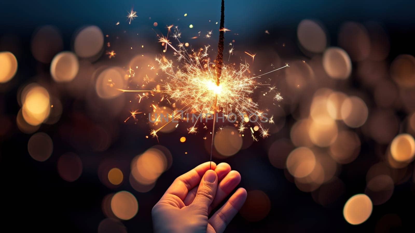 A hand holding burning sparkler with lot of sparks around