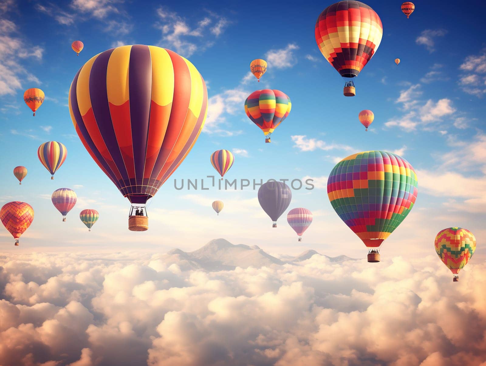 A lot of colorful hot air balloons in the sky, an aerial view, transportation concept